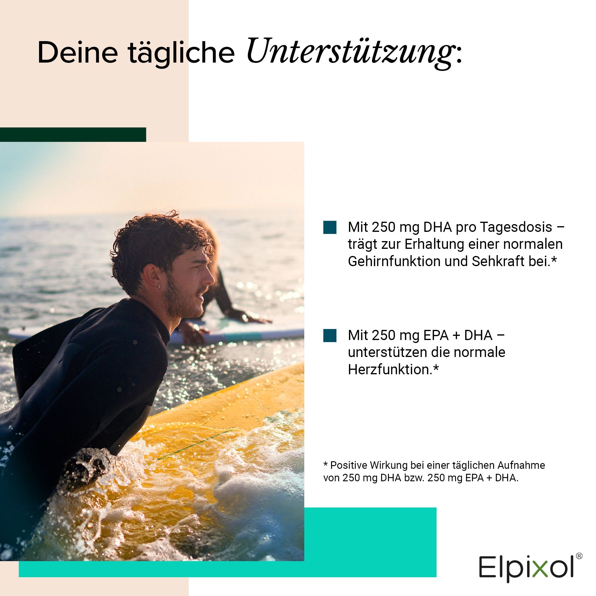 Text mit Überschrift: Deine tägliche Unterstützung. Text über DHA und EPA. Mann auf Surfbrett im Meer.