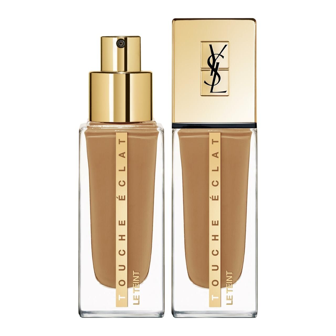 Zwei Yves Saint Laurent Foundation Flaschen. Goldfarbene Deckel. Produktname und Marke sichtbar.