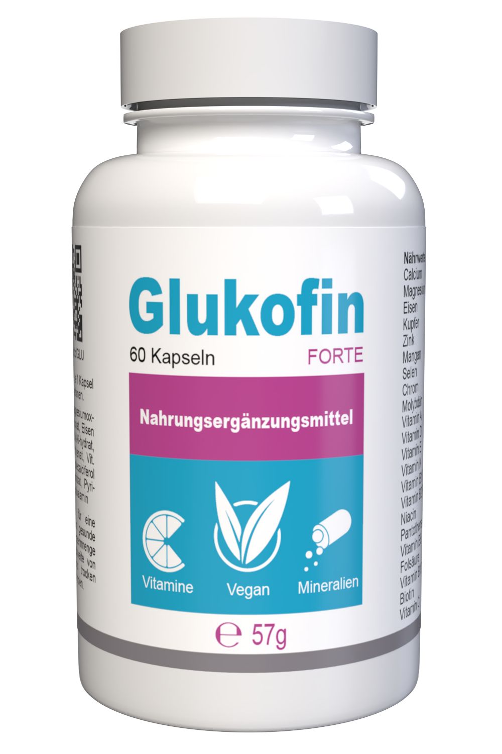 Weiße Flasche mit Glukofin-Logo und Text. Enthält 60 Kapseln. Vorderansicht.