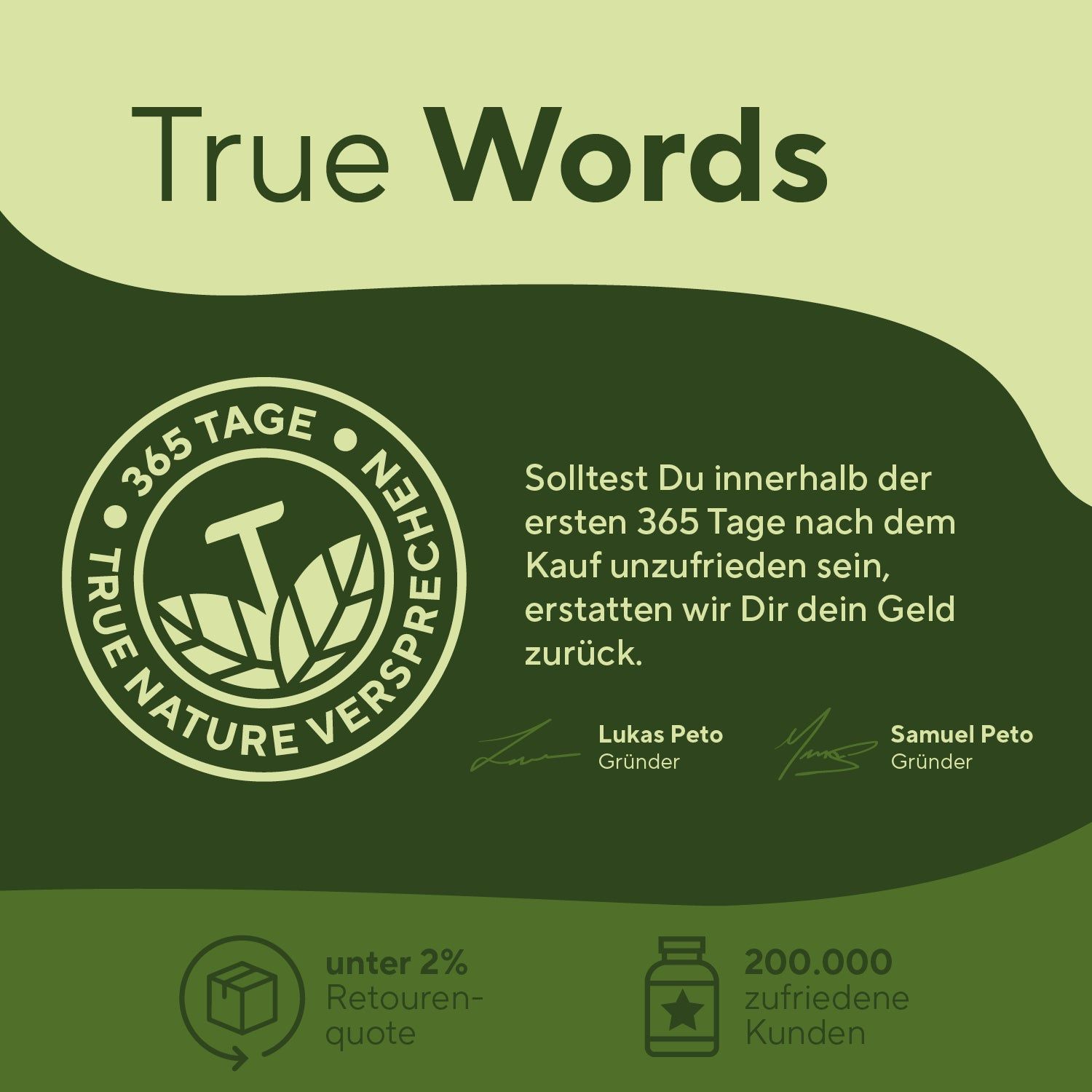 Logo mit Text: True Nature Versprechen. Text: 365 Tage Geld-zurück-Garantie. Unterschriften der Gründer. Rücksendequote unter 2%.