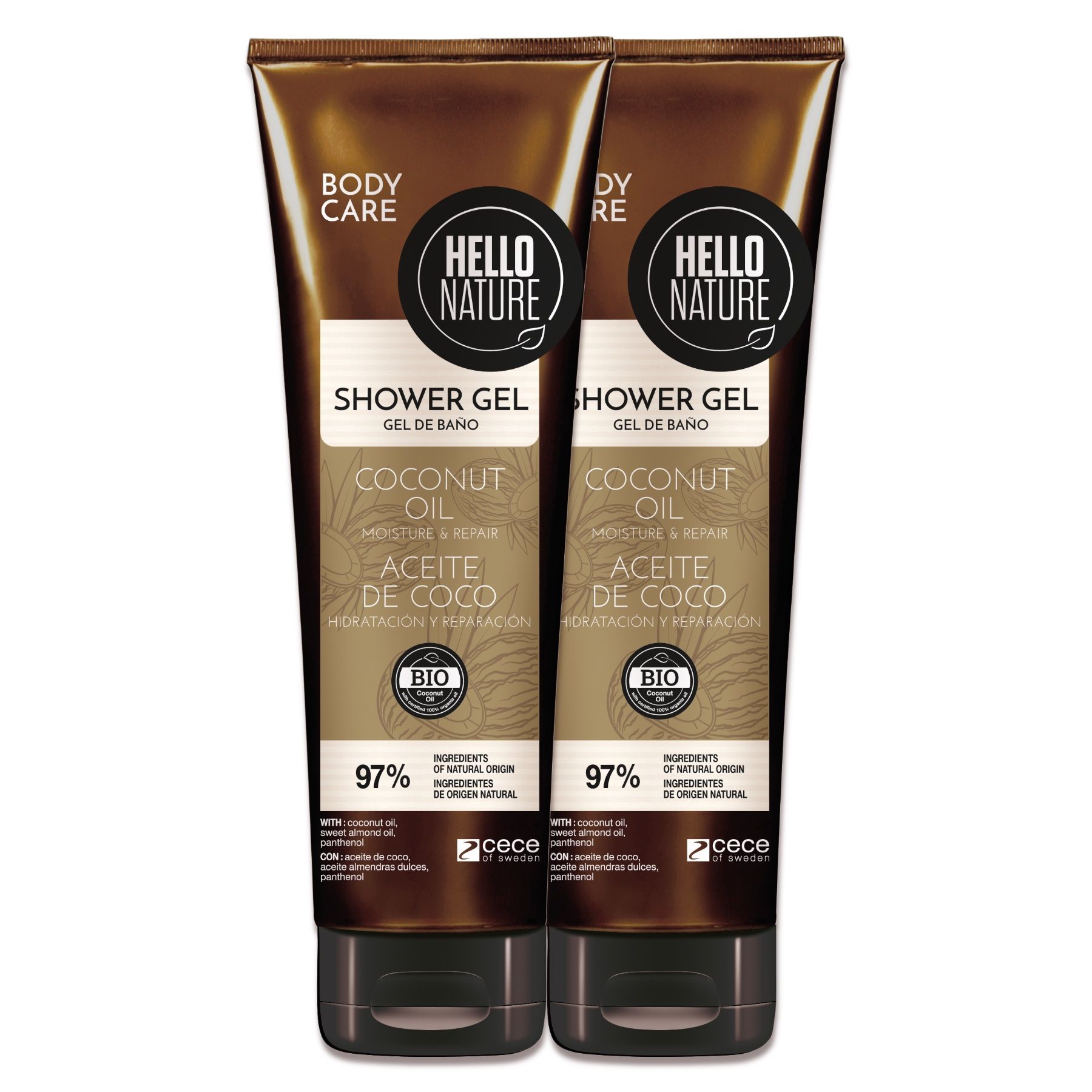 Zwei Tuben Duschgel mit Kokosöl. Aufschrift: Shower Gel, Coconut Oil, Aceite de Coco. 97% natürliche Inhaltsstoffe. BIO-Siegel.