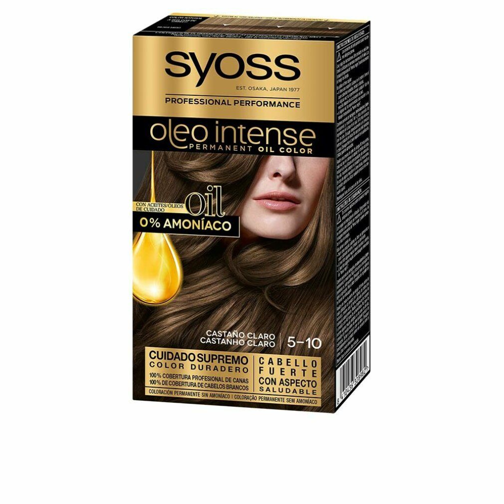 Syoss Oleo Intense Haarfarbe, 5-10 Castano chiaro. Verpackung mit Produktabbildung und Model. Enthält 0% Ammoniak.
