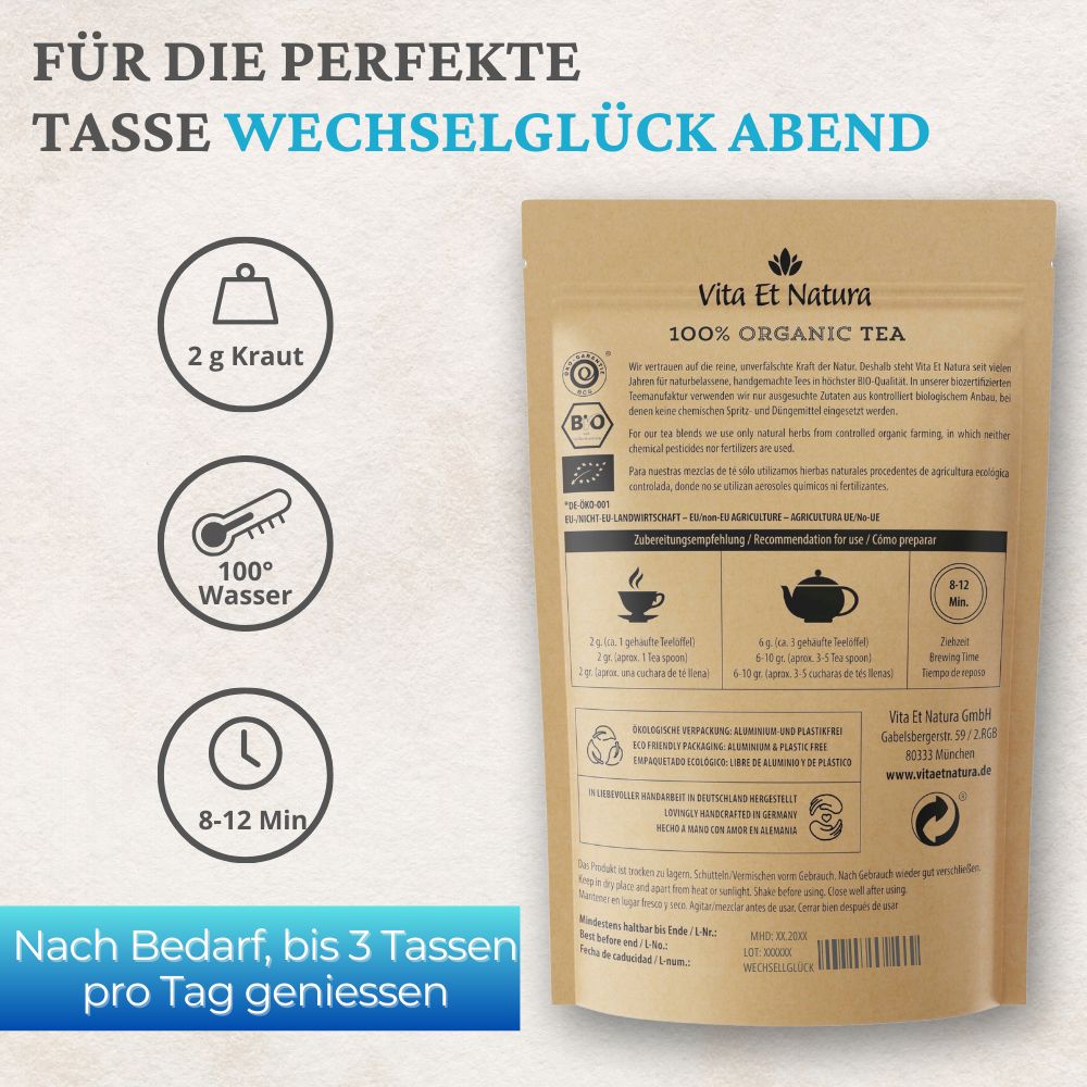 Beutel mit Text. Text: Vita Et Natura, 100% Organic Tea, Zubereitungshinweise, 2g Kraut, 100° Wasser, 8-12 Min. Ziehzeit.