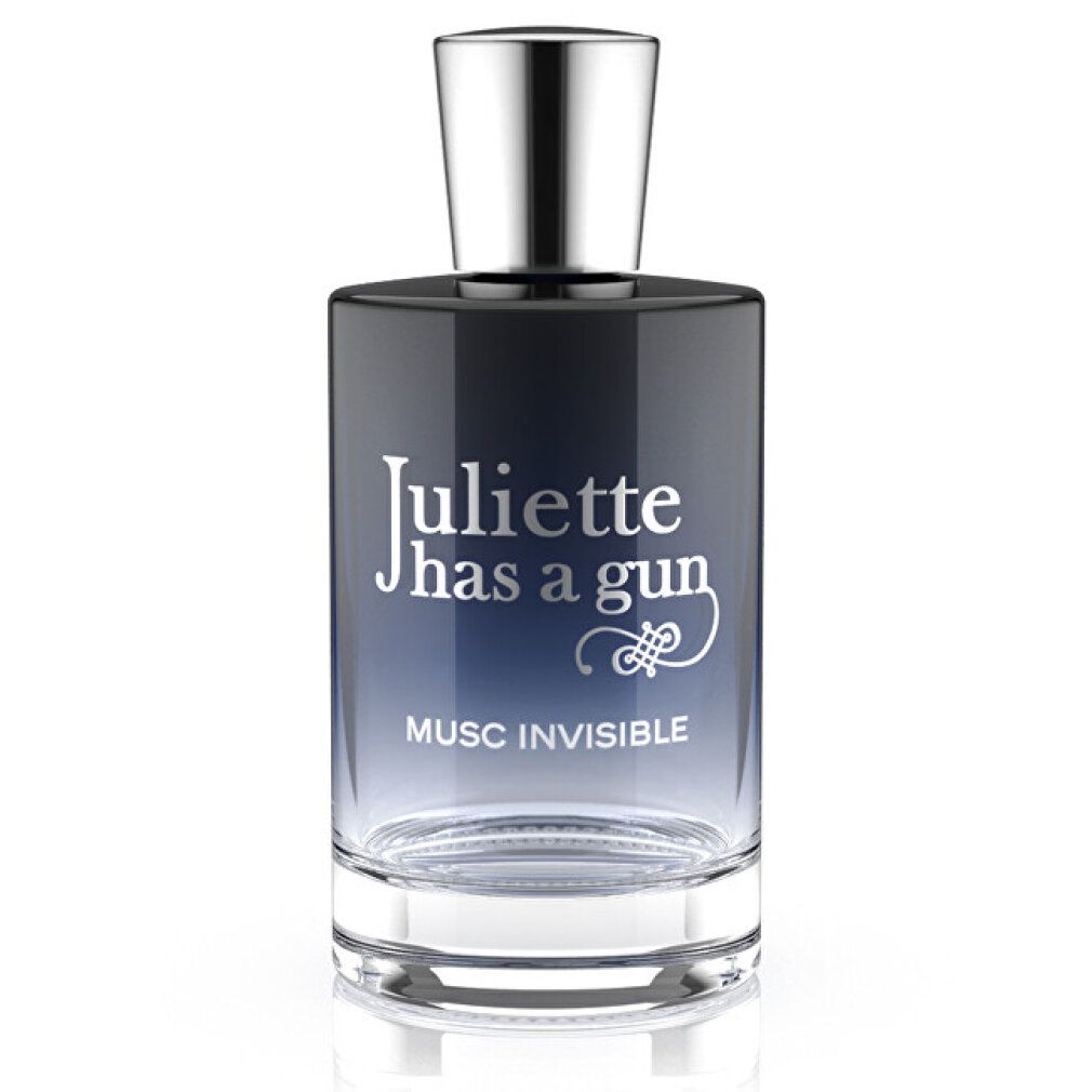 Flakon mit silbernem Deckel. Aufschrift: Juliette has a gun, Musc Invisible. Farbverlauf von dunkelblau nach transparent.