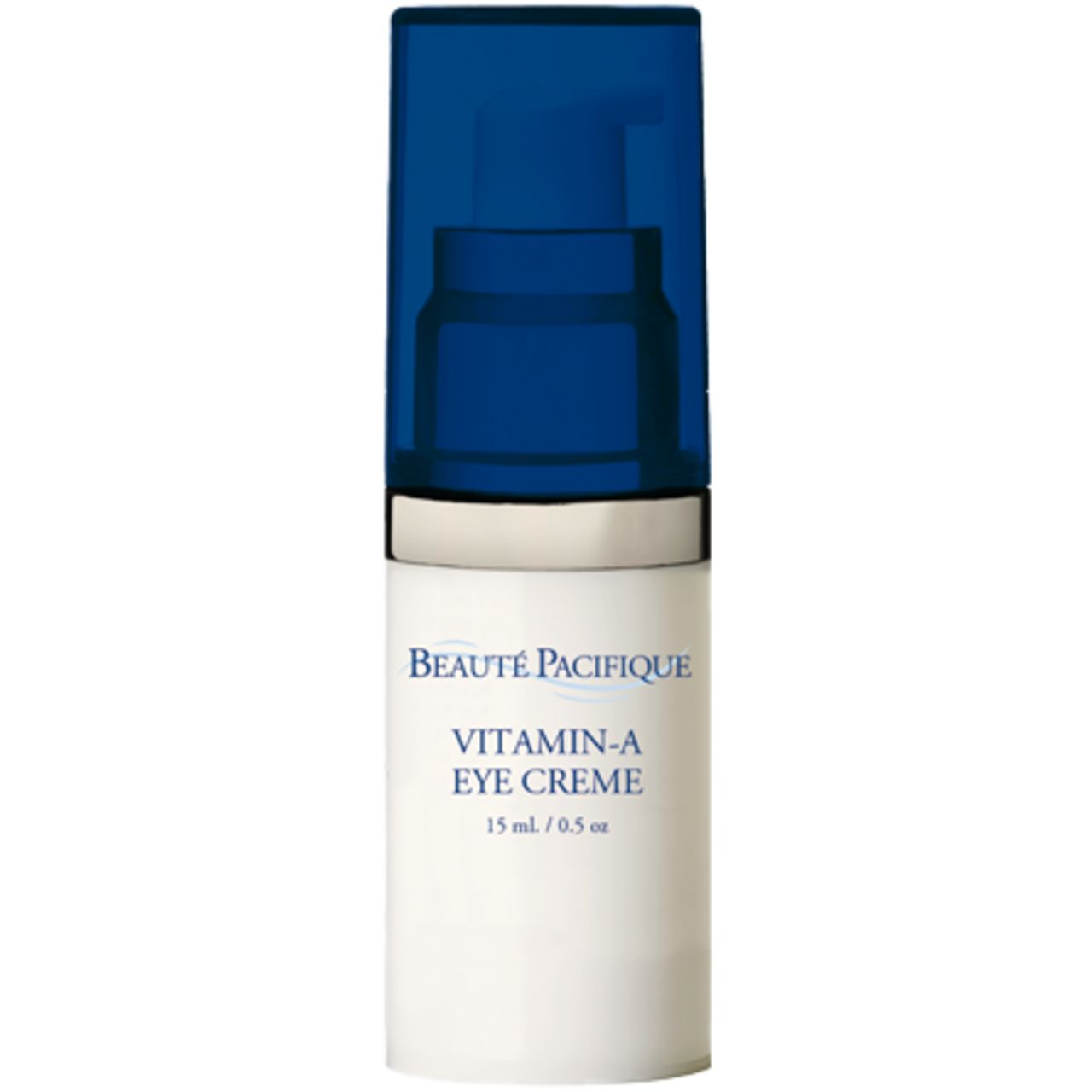 Beauté Pacifique Vitamin-A Augencreme. Weiße Flasche mit blauem Pumpdeckel. Silberner Ring. Text: Vitamin-A Eye Creme, 15 ml / 0.5 oz.