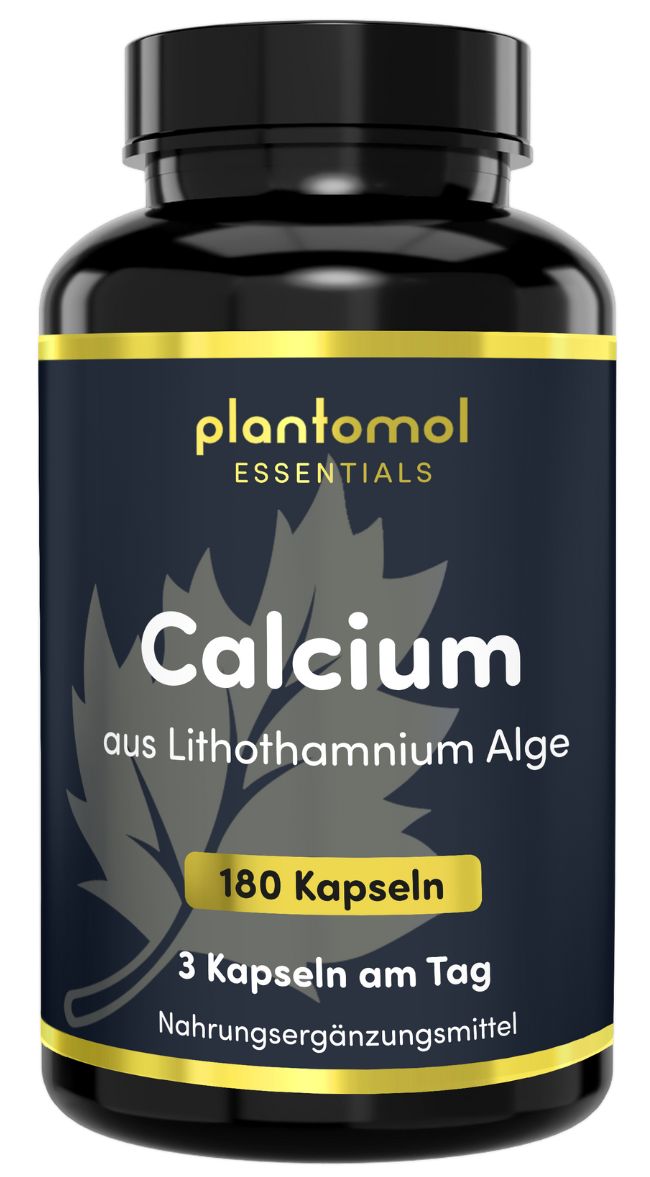 Dunkle Flasche mit gelbem Etikett. Aufschrift: plantomol Essentials, Calcium aus Lithothamnium Alge, 180 Kapseln. Nahrungsergänzungsmittel.