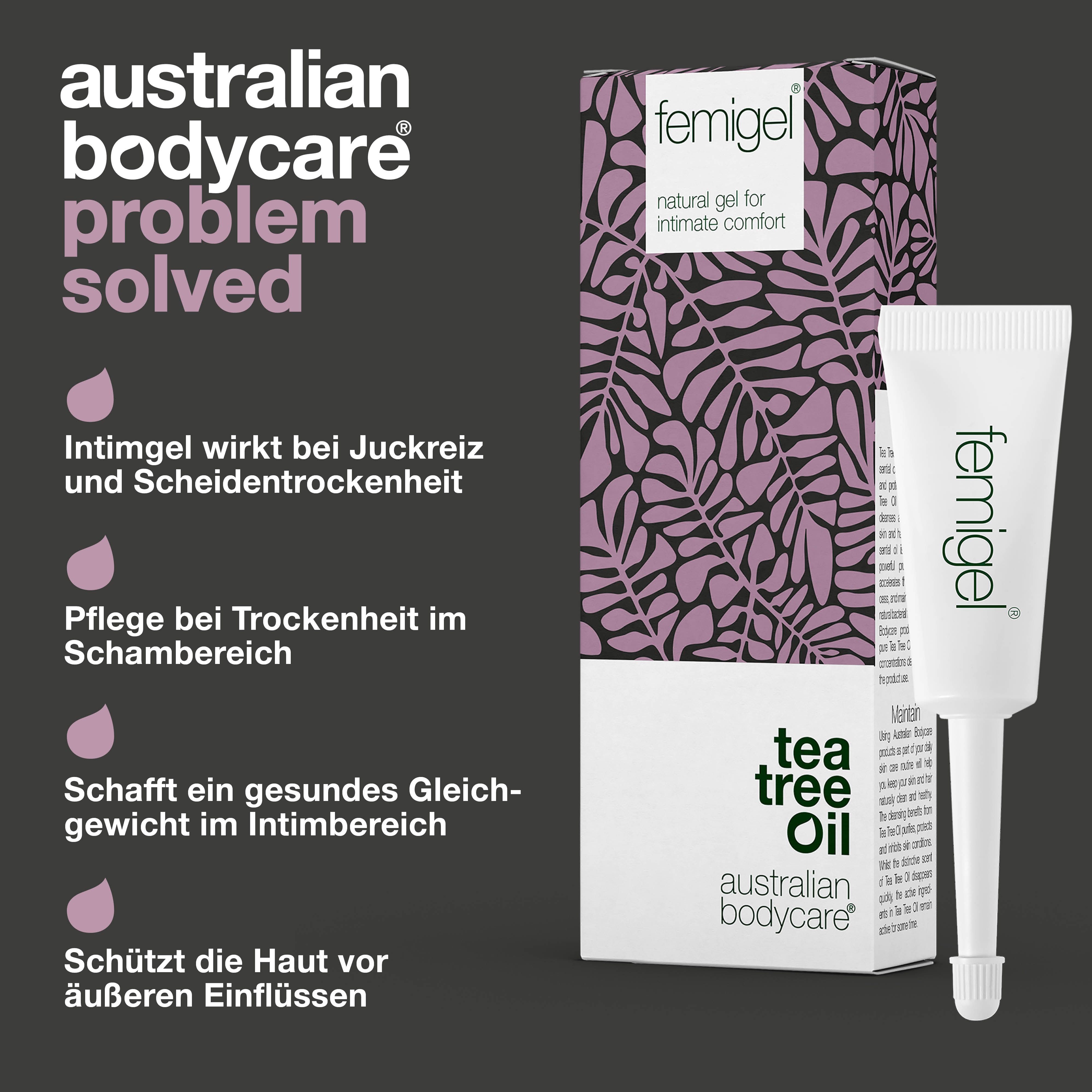 Femigel-Tube und Verpackung. Aufschrift: Femigel, Tea Tree Oil, Australian Bodycare. Problem gelöst.