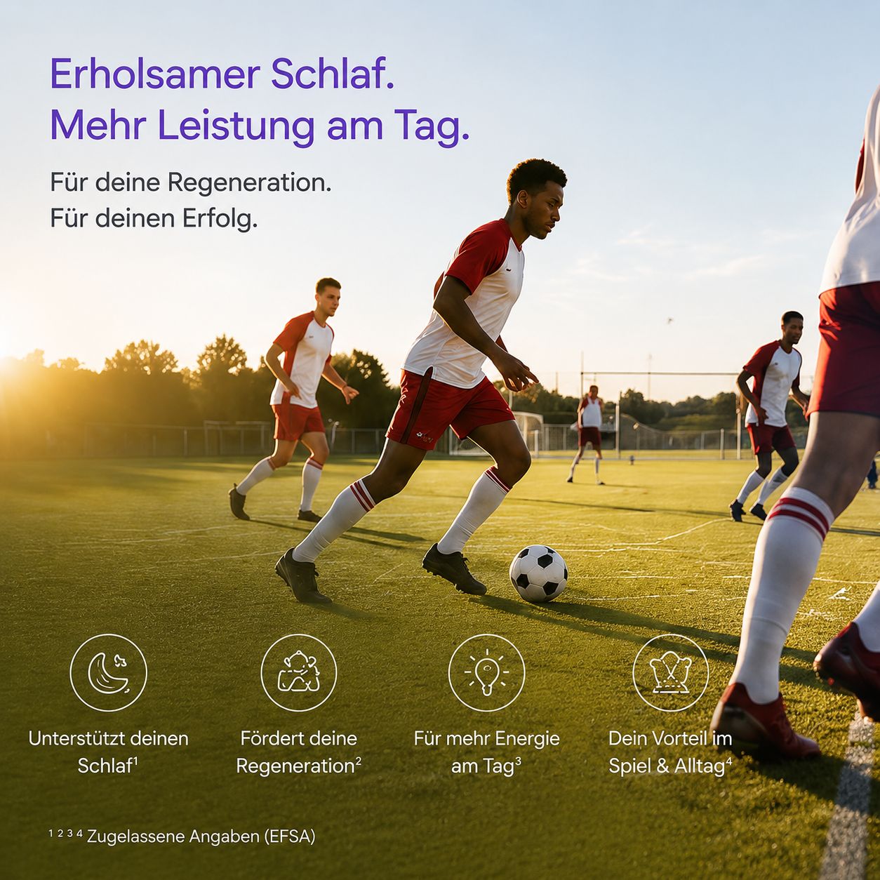 Fußballspieler auf einem Feld. Icons zeigen Unterstützung des Schlafs, Regeneration, Energie und Vorteile im Spiel.