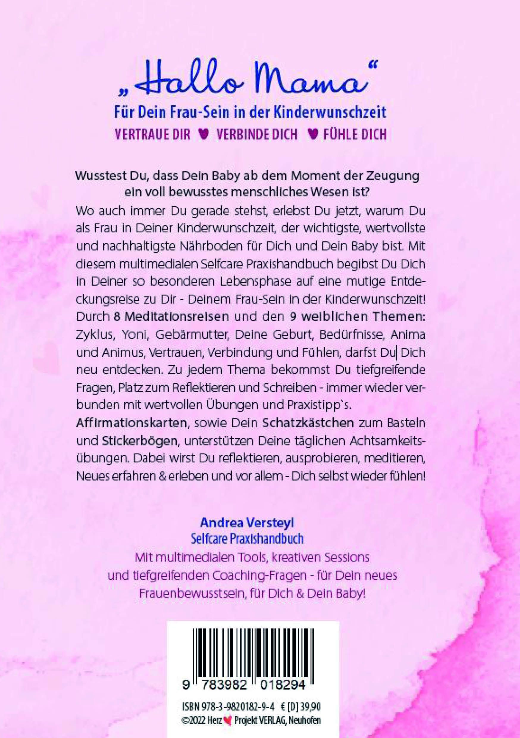 Rückseite des Buches "Hallo Mama". Text über Inhalt und Autorin Andrea Verstylel. ISBN und Preisangaben.