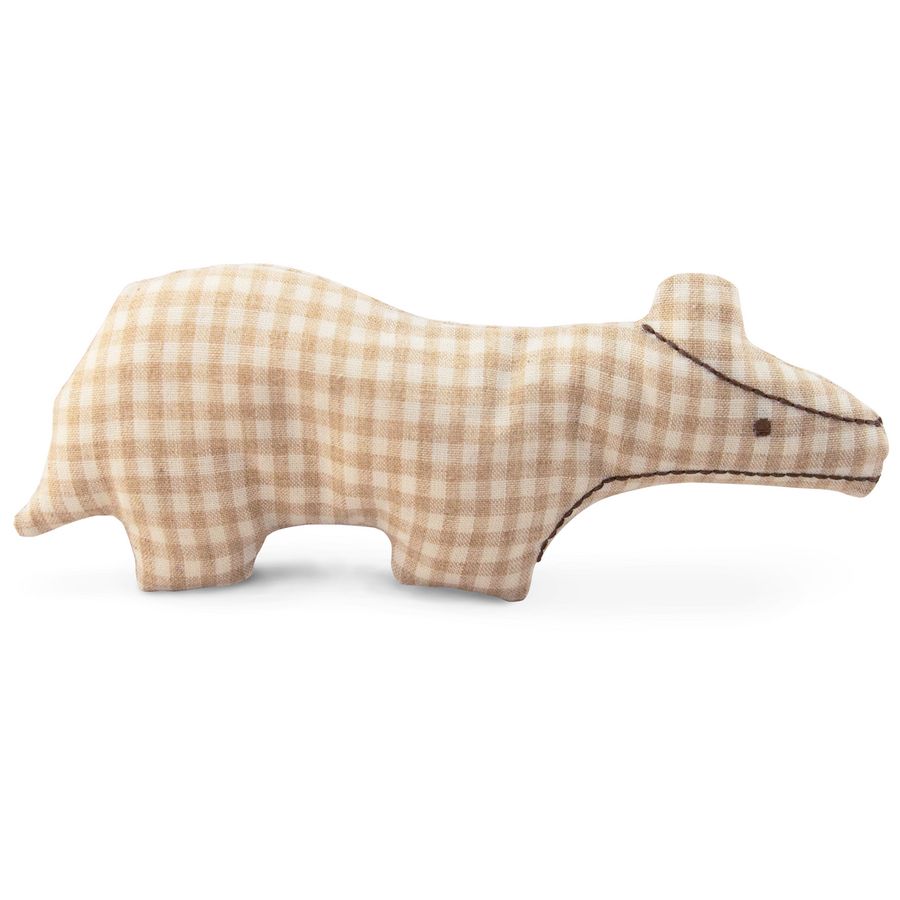 Stofftier Dachs, beige kariert. Schwarze Konturen und Augen. Ohren stehen ab.
