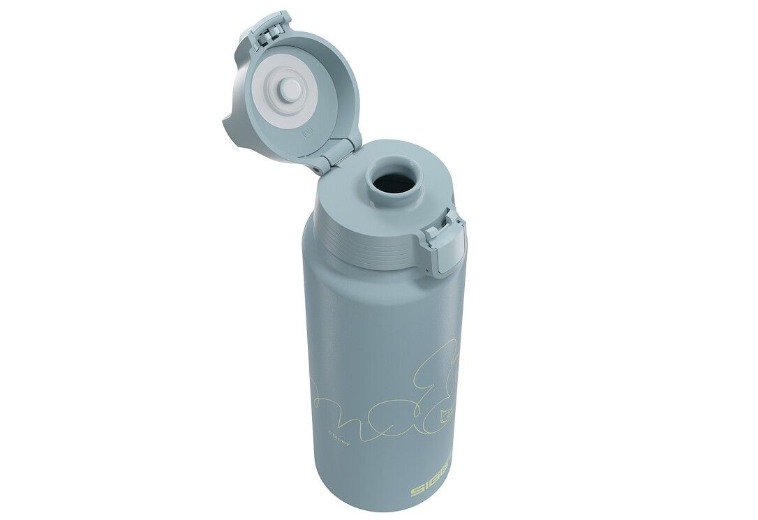 Hellblaue Trinkflasche mit Mickey Mouse-Umriss. Offener Deckel, Mundstück sichtbar. SIGG-Logo unten.