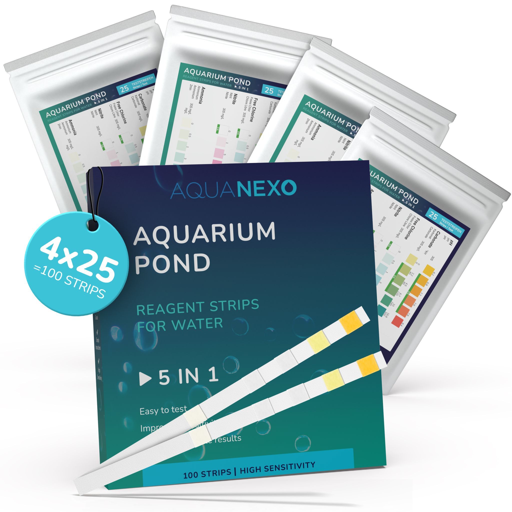 Aquanexo 5in1 Aquarium & Teich Teststreifen – zur Wasseranalyse, Großpackung 100 St