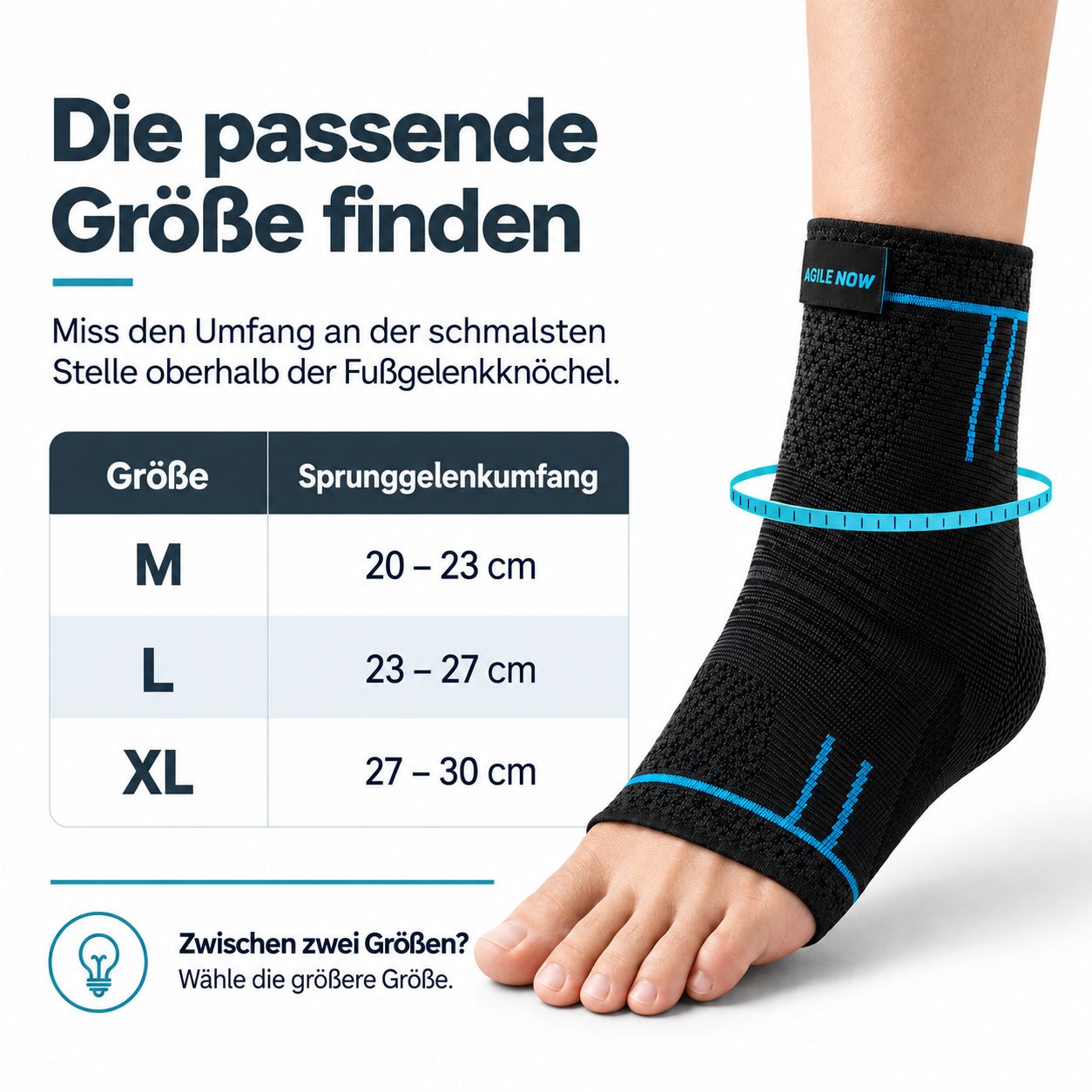 Größentabelle für Sprunggelenkbandagen: M (20-23cm), L (23-27cm), XL (27-30cm).