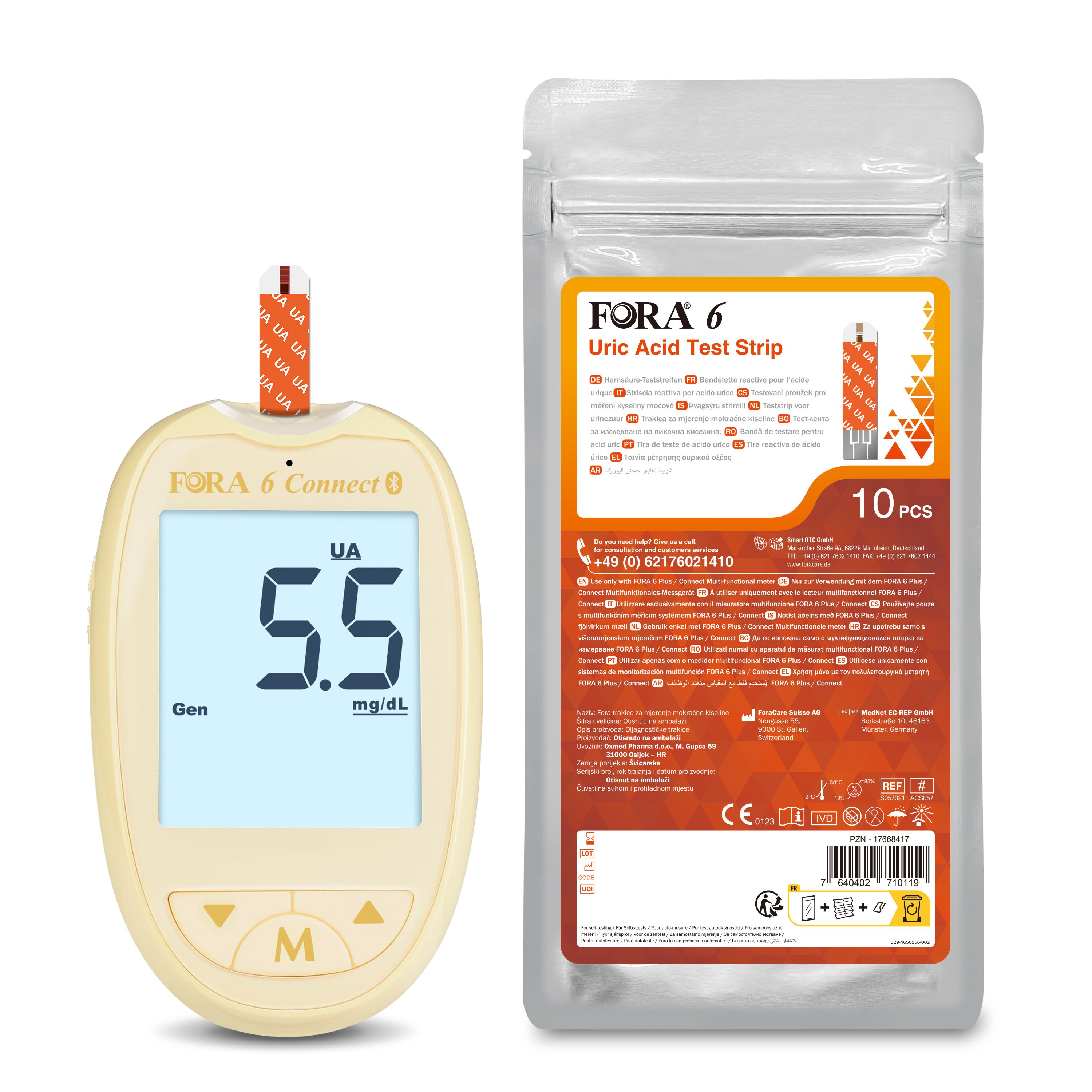 Beige FORA 6 Connect-Messgerät mit Display. Zeigt 5.5 mg/dl an. Daneben Packung mit 10 Teststreifen. Text: FORA 6 Uric Acid Test Strip.