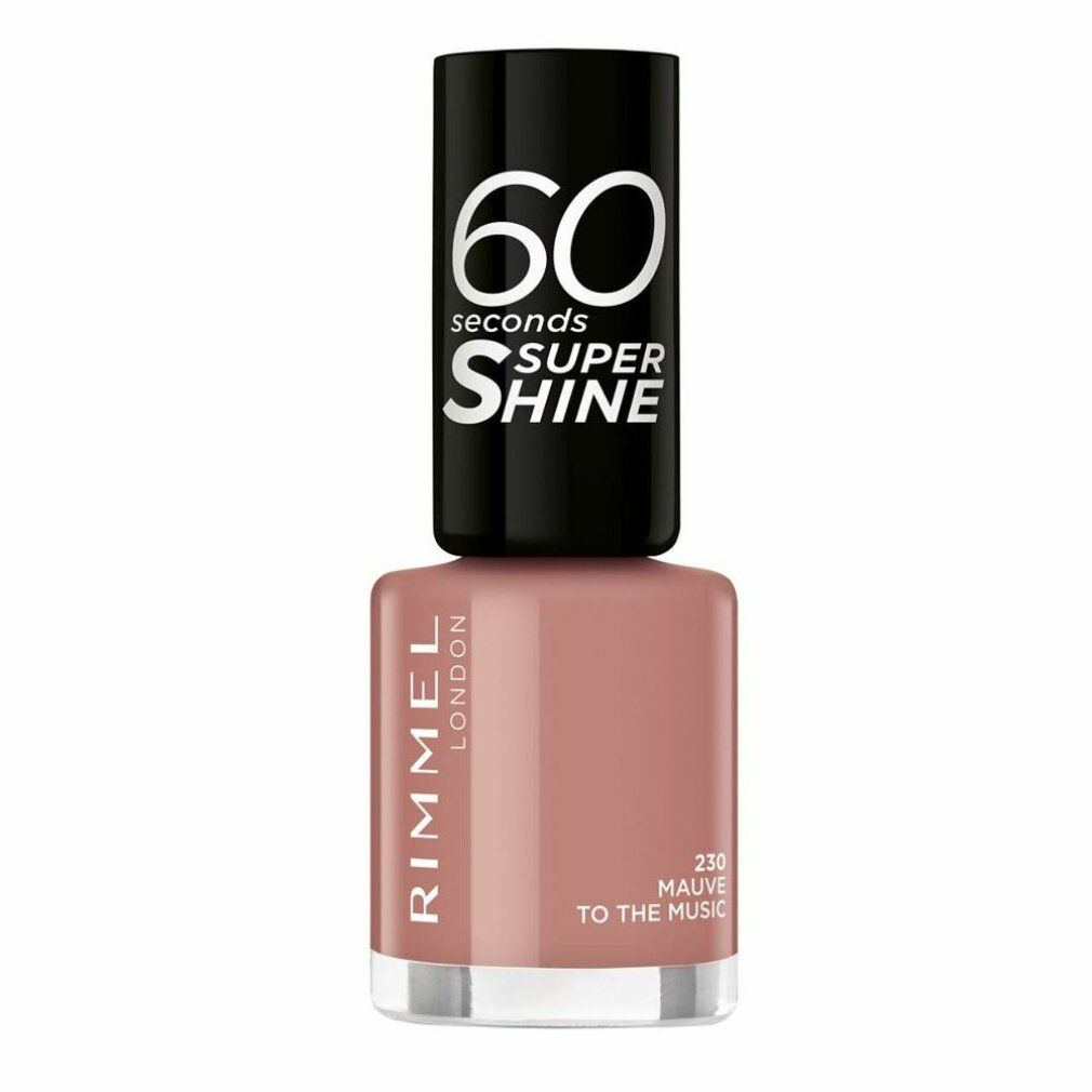 Nagellackflasche mit schwarzem Deckel. Aufschrift: 60 Seconds Super Shine. Farbe: Mauve. Marke: Rimmel London.