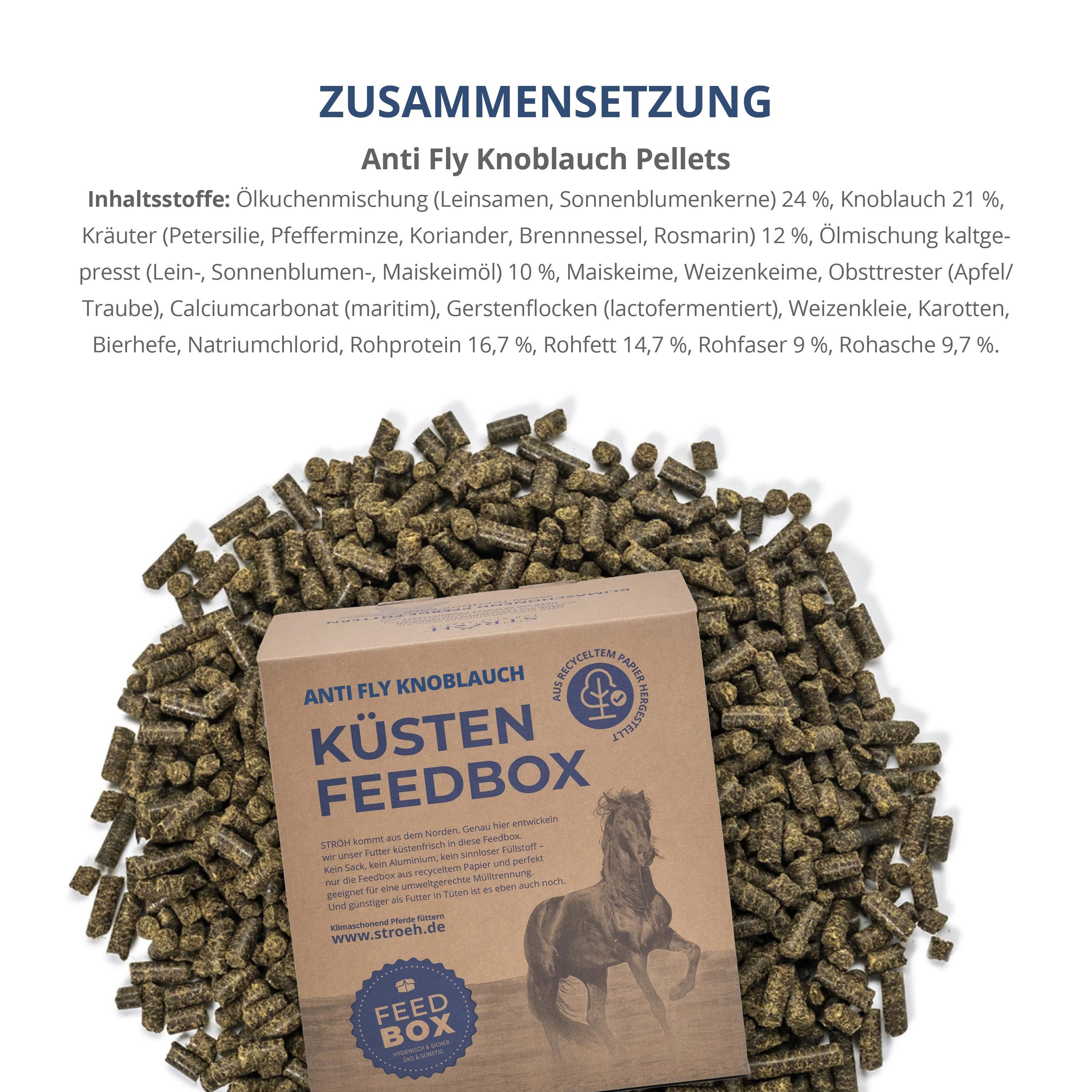 Karton "KÜSTEN FEEDBOX" mit Pellets. Text: Anti Fly Knoblauch Pellets. Inhaltsstoffe: Ölmischung, Knoblauch, Kräuter, Maiskeime, etc. Mit Logo und Pferd.