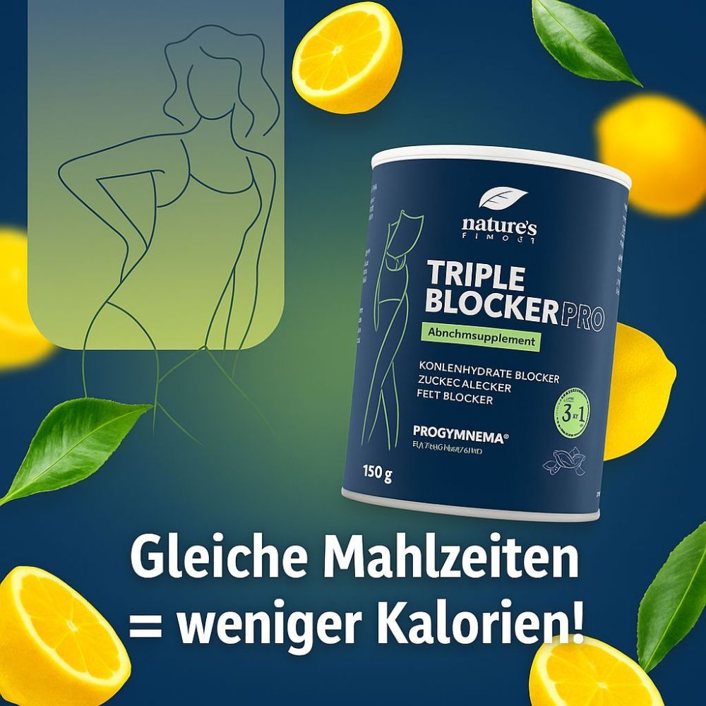 Nature's Finest Triple Blocker PRO Dose mit Glas Getränk. Pfeile zeigen Extrakte: Vitis vinifera, Ascophyllum, Gymnema, Garcinia, ID-alG.
