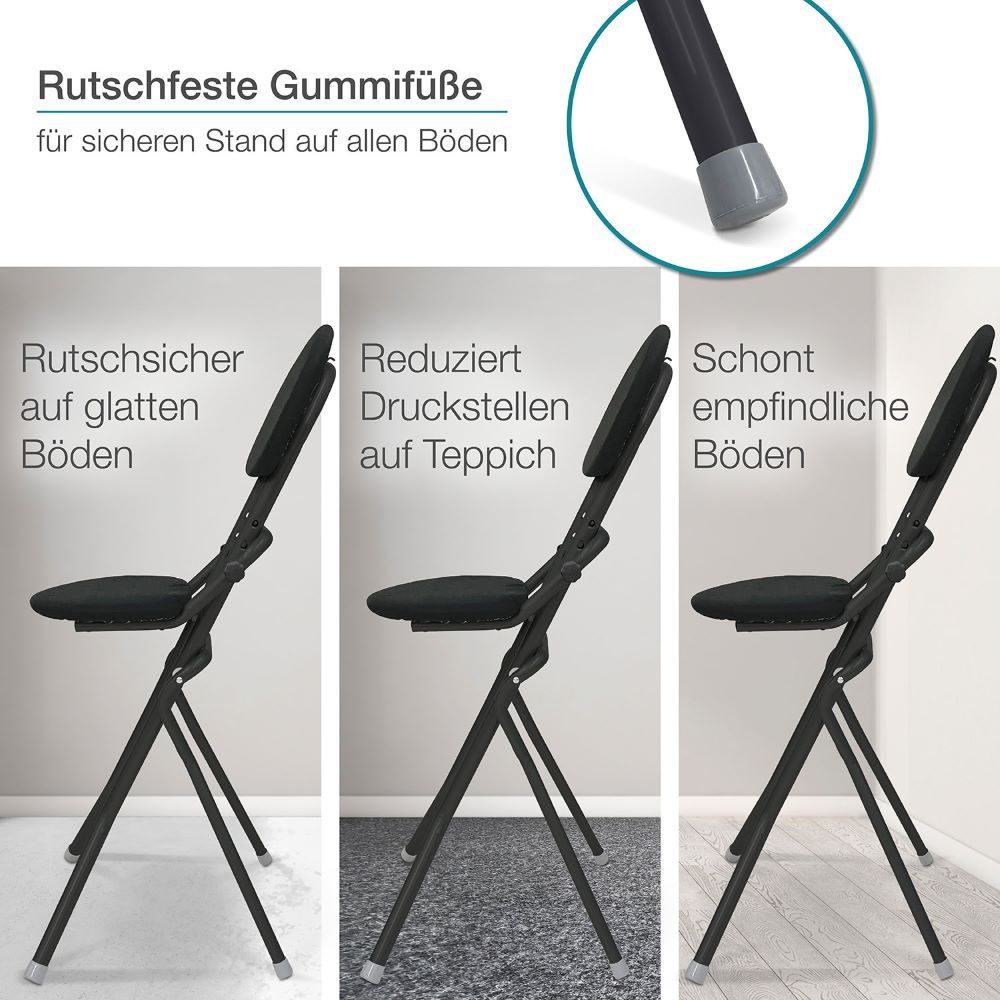 Drei Bilder: Sitzhilfe auf glattem Boden, Teppich, empfindlichem Boden. Text: "Rutschfeste Gummifüße".