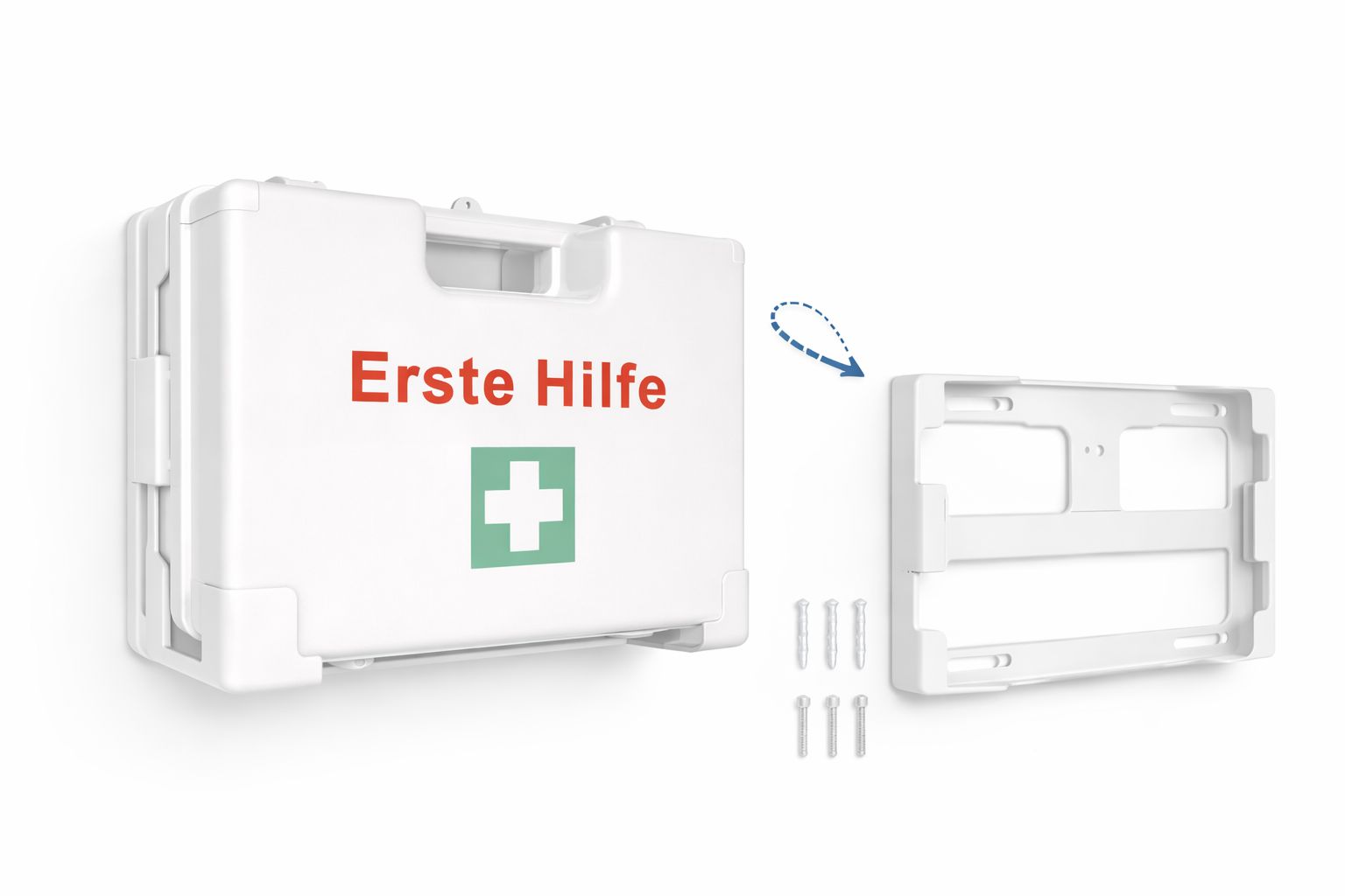 Weißer Erste-Hilfe-Koffer mit roter Aufschrift und grünem Kreuz. Mit Wandhalterung und Schrauben.