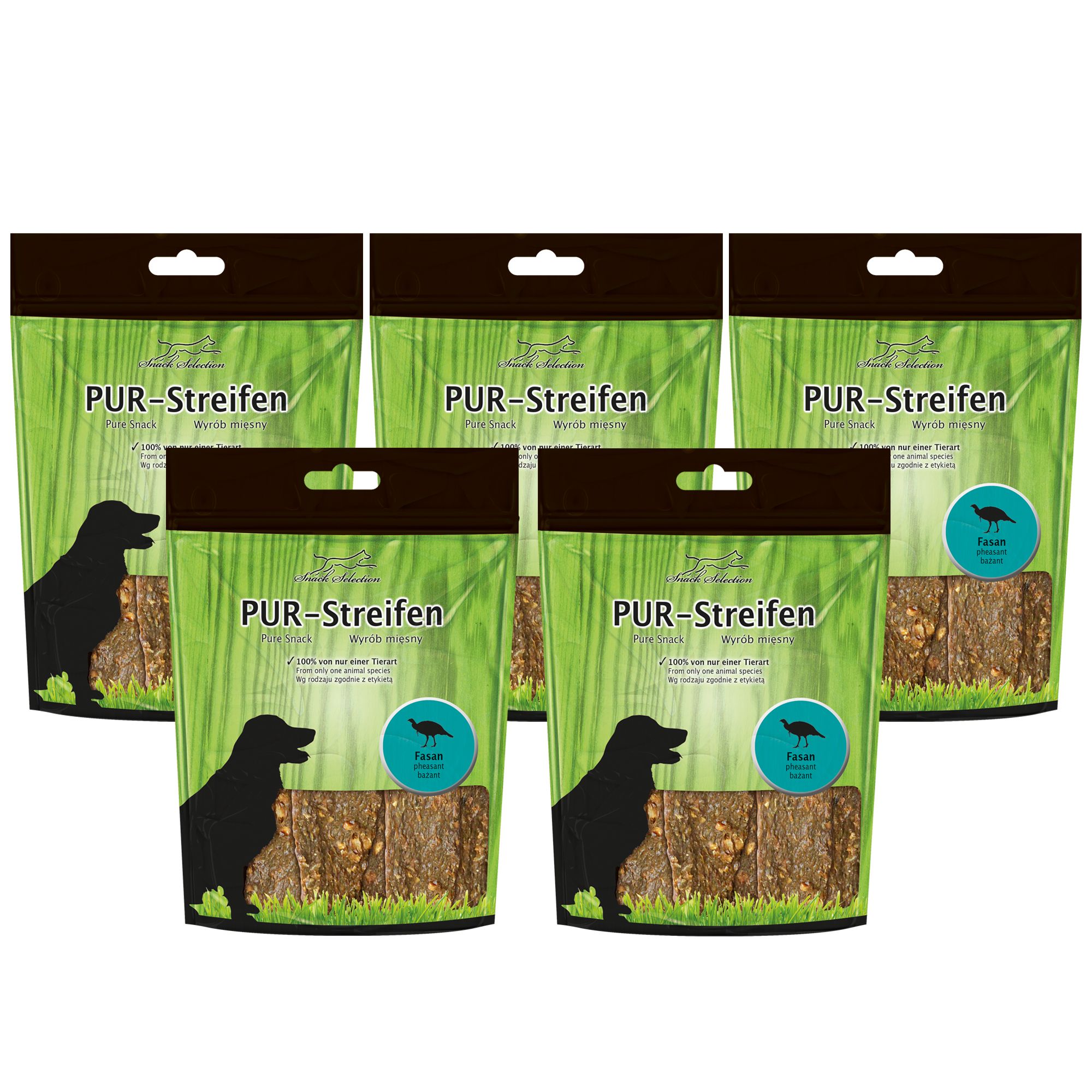 Fünf Packungen Schecker Dörrfleisch - Pur Streifen Fasan. Grün-braune Verpackung mit Hundesilhouette und Produktbezeichnung.
