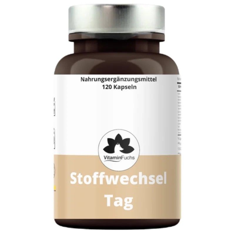 Braune Flasche mit Kapseln. Aufschrift: Vitamin Fuchs, Stoffwechsel Tag, 120 Kapseln. Deckel silberfarben.
