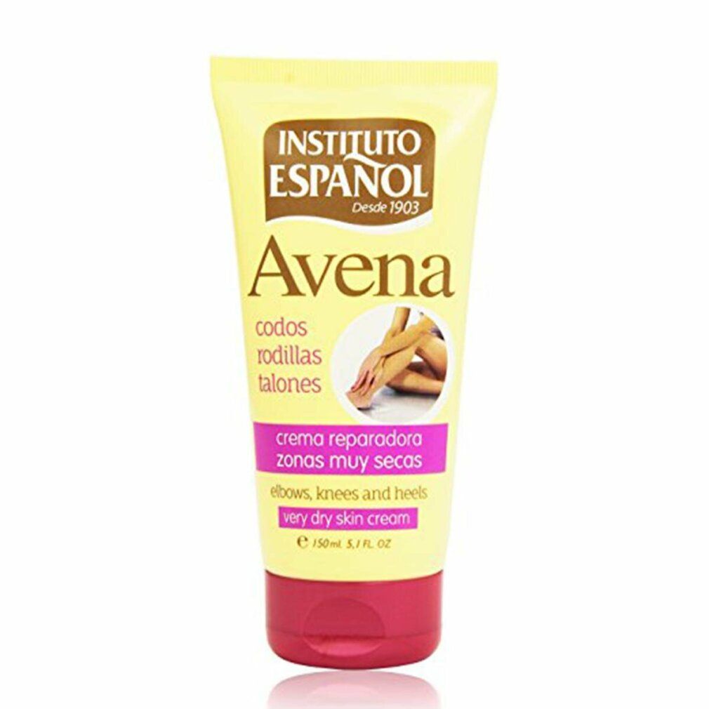 Creme-Tube INSTITUTO ESPANOL Avena. Gelb mit rosa Akzenten. Text für Ellenbogen, Knie und Fersen. Sehr trockene Haut.
