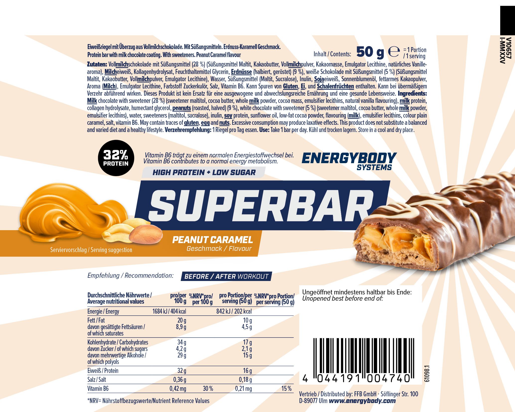 Rückseite der Superbar-Verpackung. Text: 32% Protein, High Protein + Low Sugar, Peanut Caramel. Nährwertangaben.