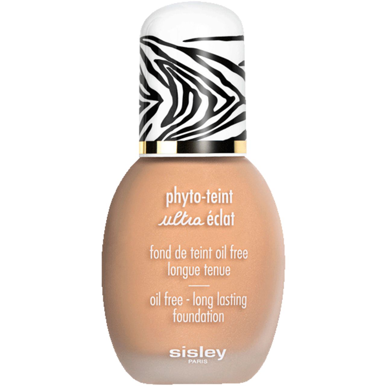 Sisley Phyto-Teint Ultra Eclat. Flasche mit Zebra-Muster-Kappe. Text: Oil free - long lasting foundation. Marke Sisley.