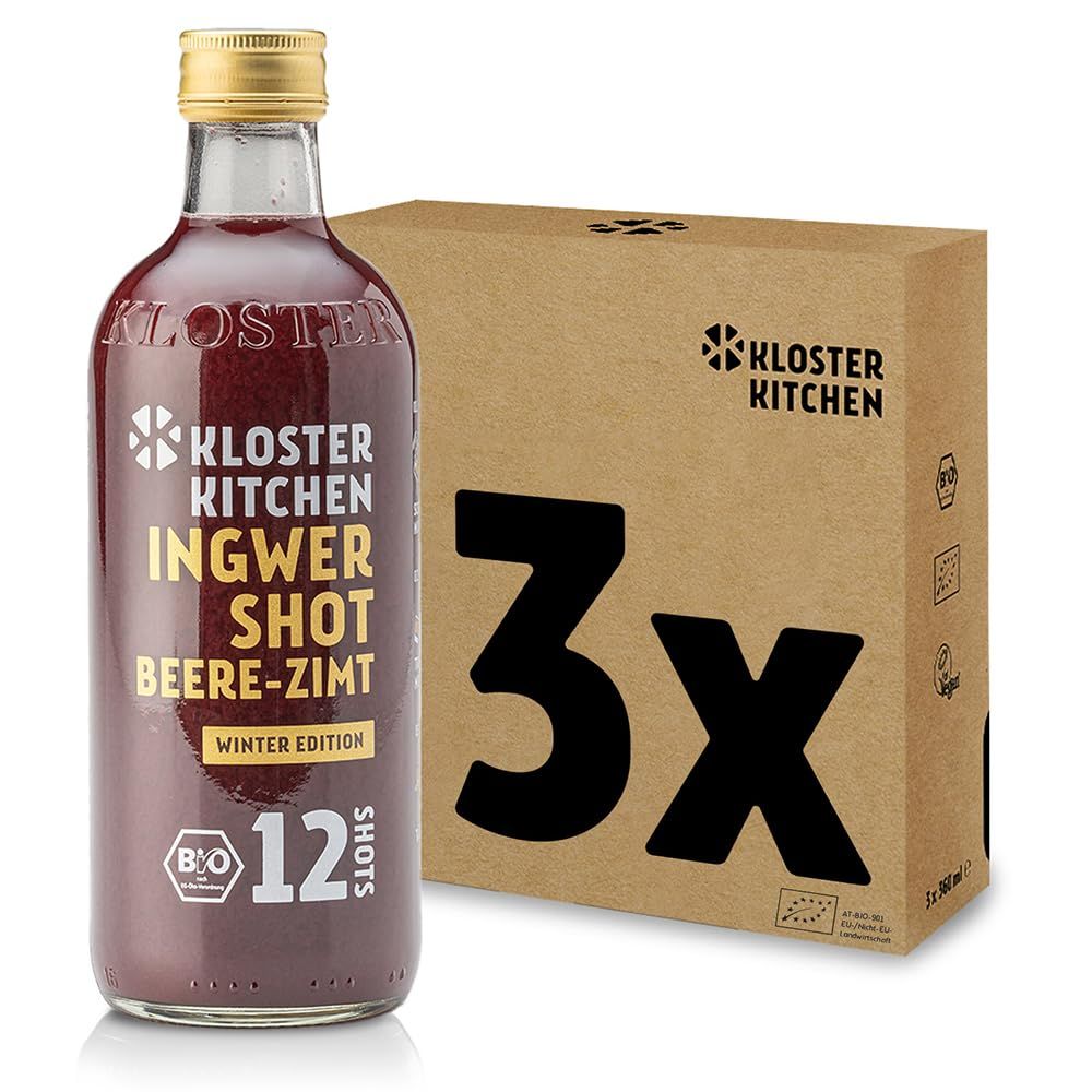 Glasflasche Kloster Kitchen Ingwer Shot Beere-Zimt, Winter Edition, 12 Shots und eine braune Verpackung mit Aufdruck 3x.