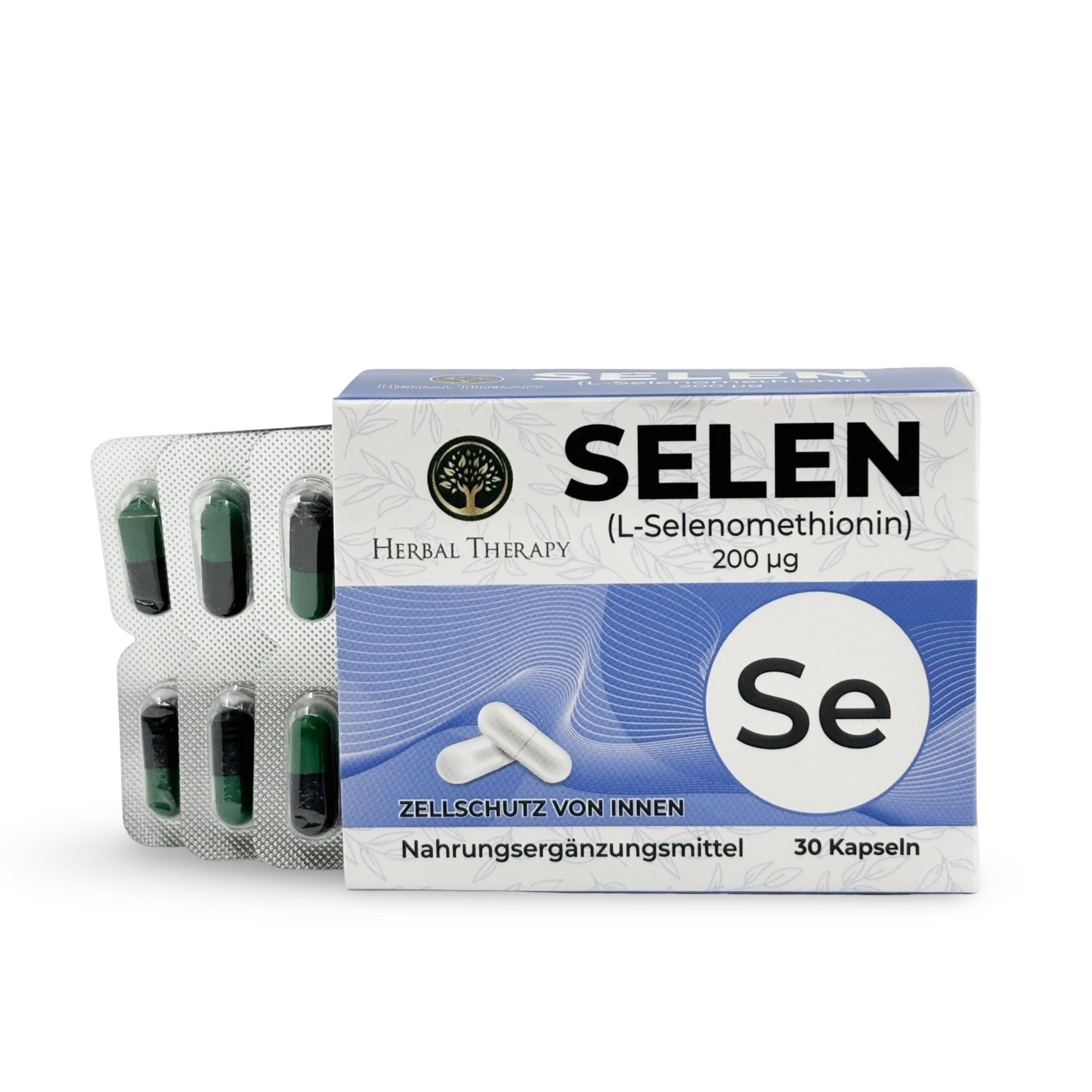 Karton "SELEN (L-Selenomethionin) 200 μg" mit Blisterpackung. Blisterpackung mit Kapseln. Marke: Herbal Therapy. 30 Kapseln.