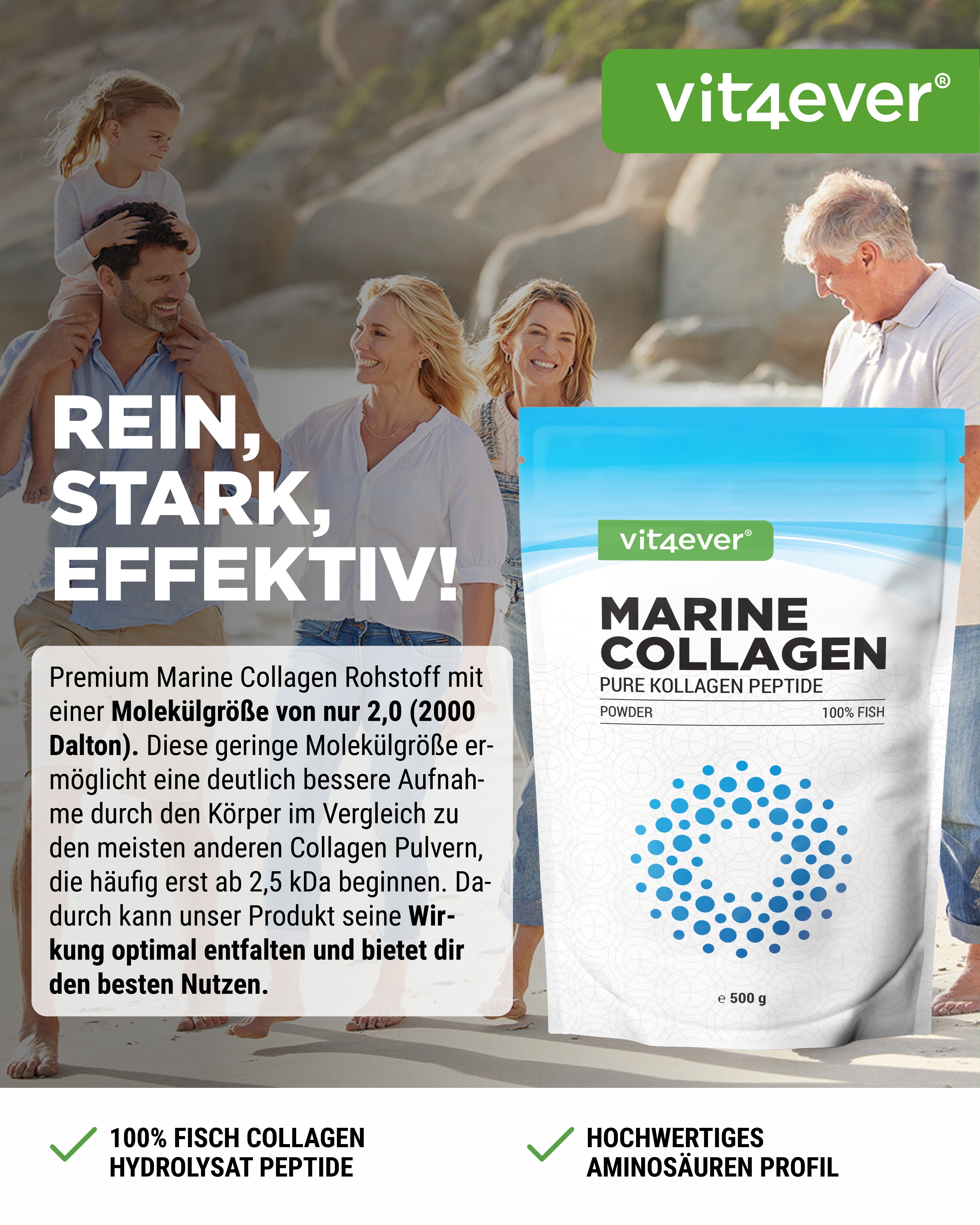 Beutel mit Marine Kollagen. Text: Rein, stark, effektiv. Marke: vit4ever. 100% Fisch Kollagen. Hochwertiges Aminosäuren Profil.