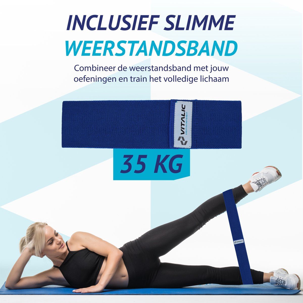 Blaues Widerstandsband mit weißem VITALIC-Logo. Frau trainiert mit Band. Text: 35 KG.