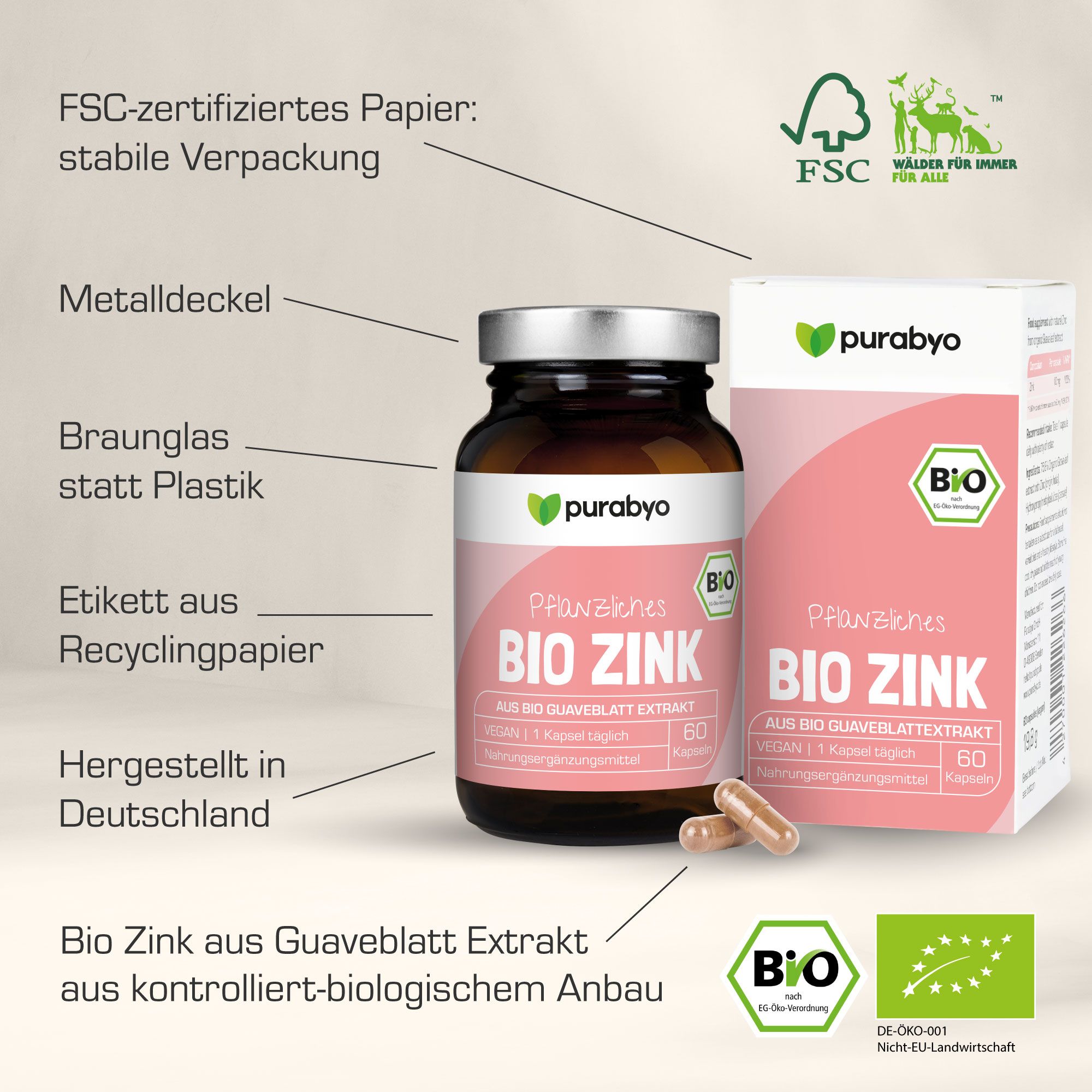 Braunglasflasche und Verpackung mit purabyo Bio Zink Kapseln. Etikett aus Recyclingpapier. FSC-zertifiziertes Papier. Vegan.