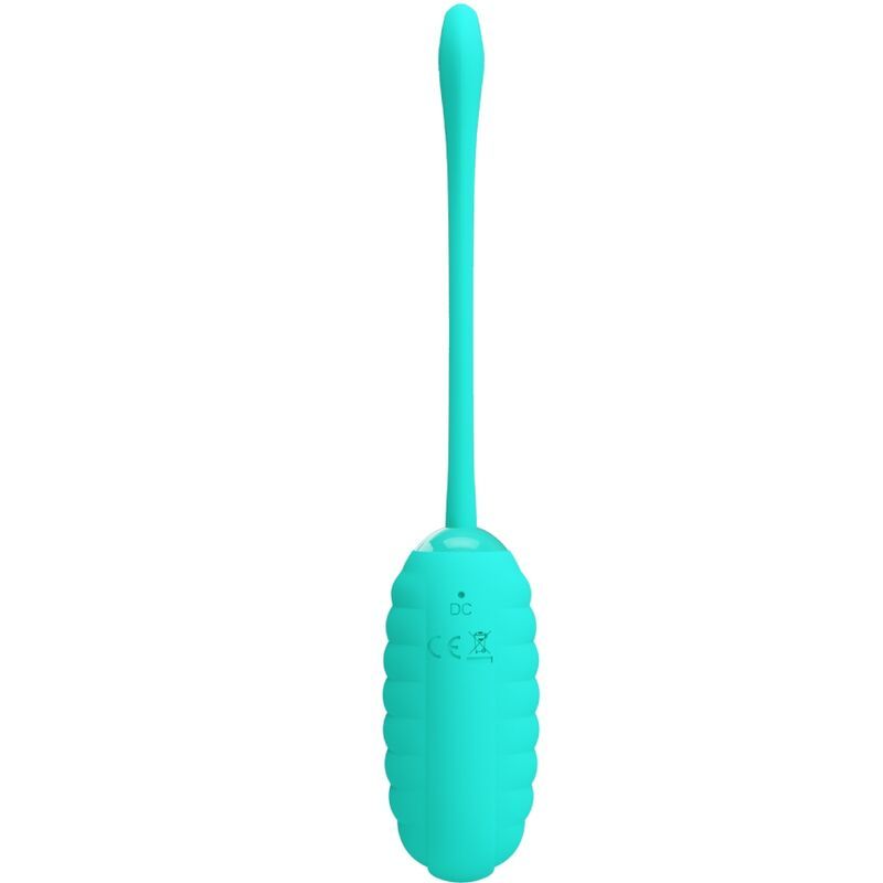Türkisfarbenes, eiförmiges Produkt mit geriffelter Oberfläche und langem, flexiblem Stiel. CE-Kennzeichnung und DC-Symbol.