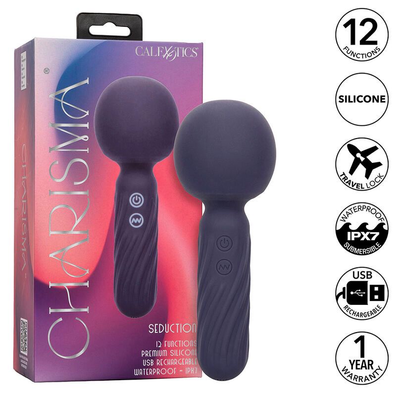 Verpackung mit zwei lila Vibrationsmassagern mit Rundkopf. Aufschrift: Calexotics Charisma Seduction. Merkmale: 12 Funktionen, Silikon, wasserdicht, USB.