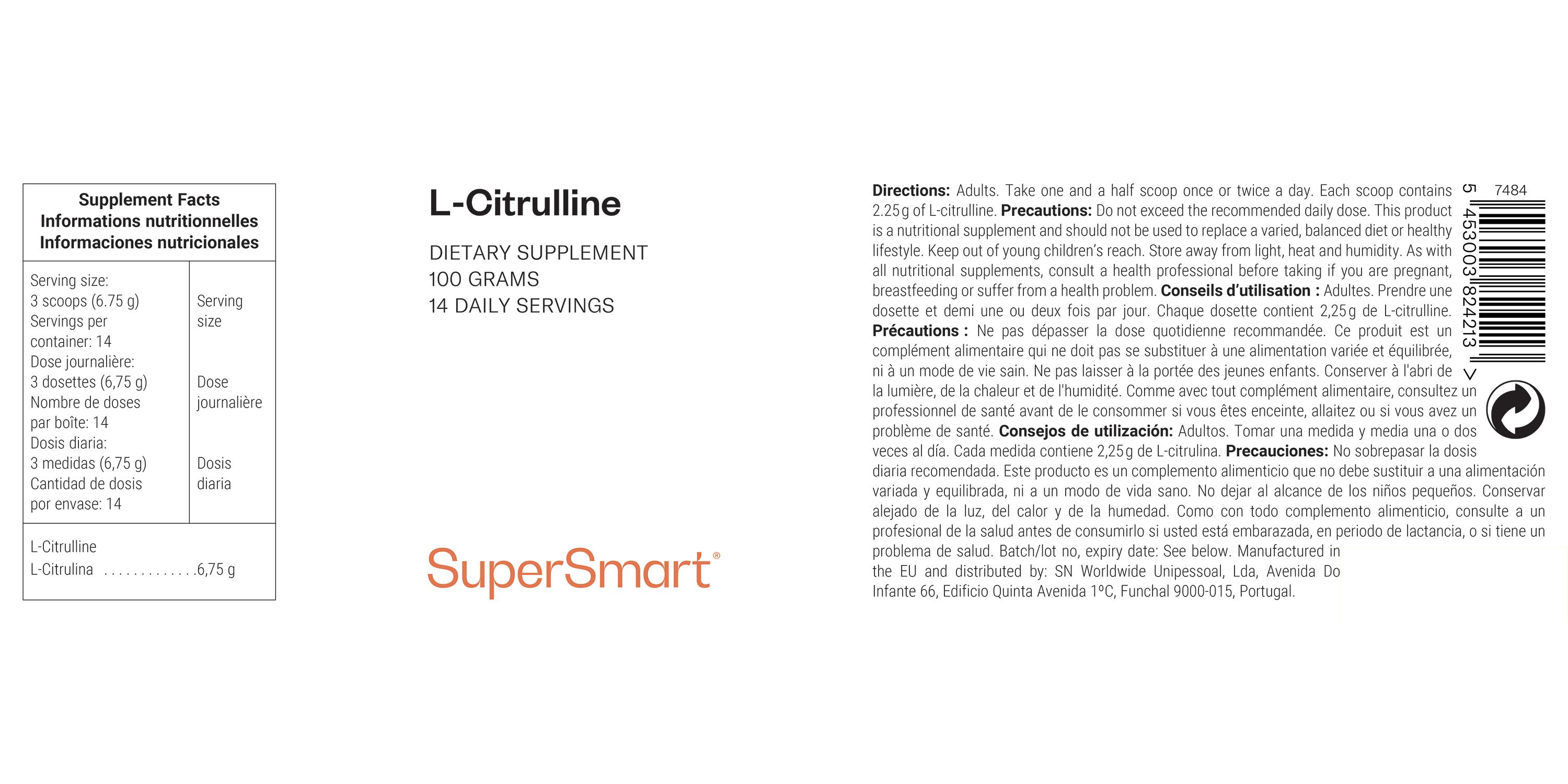 Etikett mit Produktinformationen. L-Citrullin, 100 Gramm, 14 Portionen. Marke SuperSmart. Nährwertangaben und Gebrauchsanweisung.