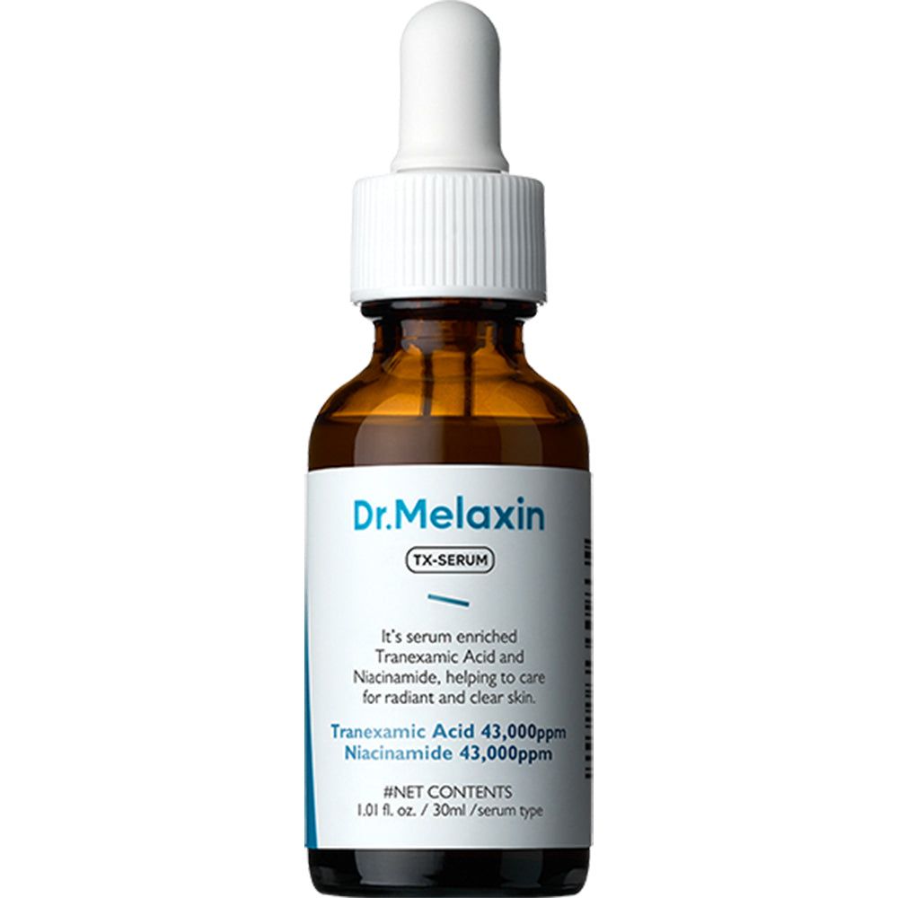 Dr. Melaxin TX Serum in brauner Glasflasche mit Pipette. Enthält Tranexamsäure und Niacinamid.