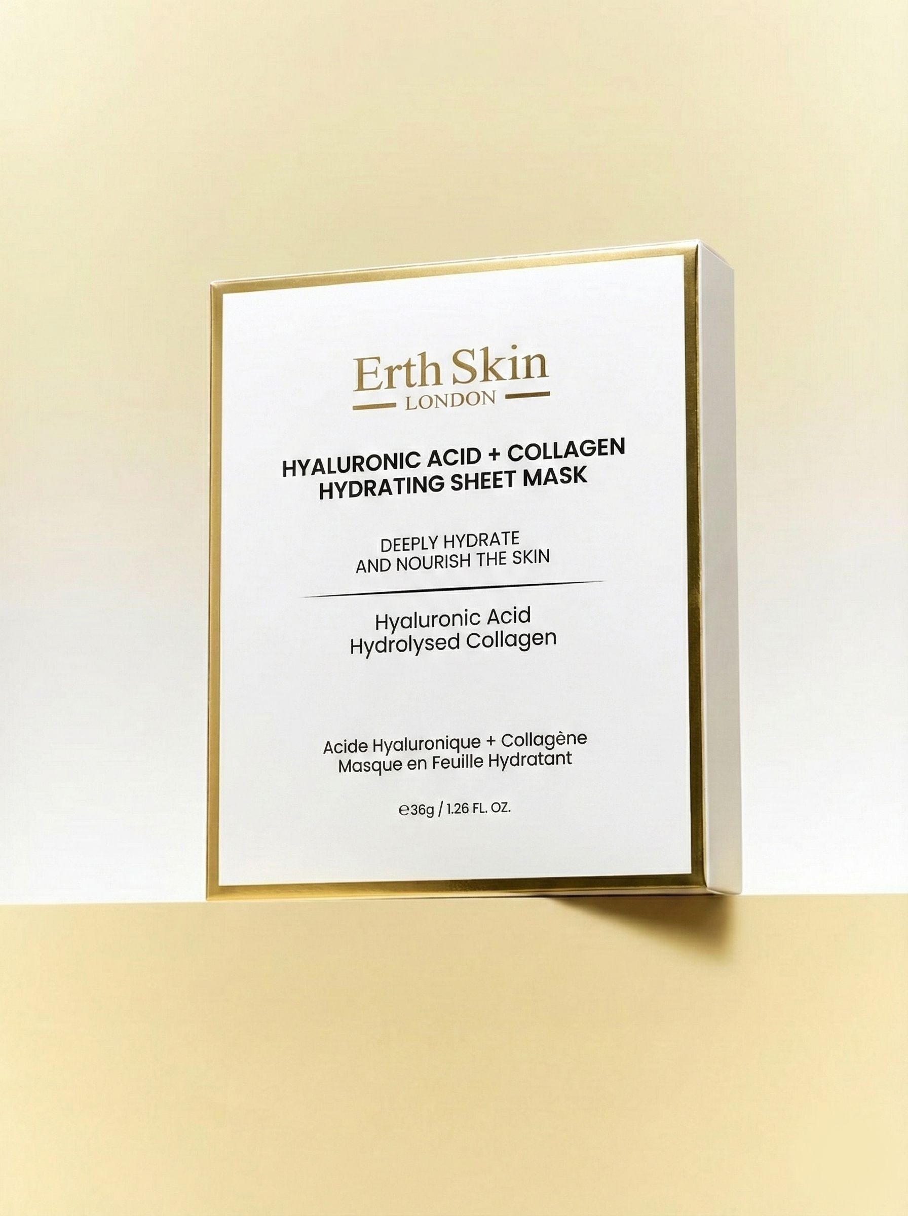 Weiße Verpackung mit goldfarbenen Akzenten. Aufschrift: Erth Skin London, Hyaluronsäure + Kollagen Hydrating Sheet Mask.