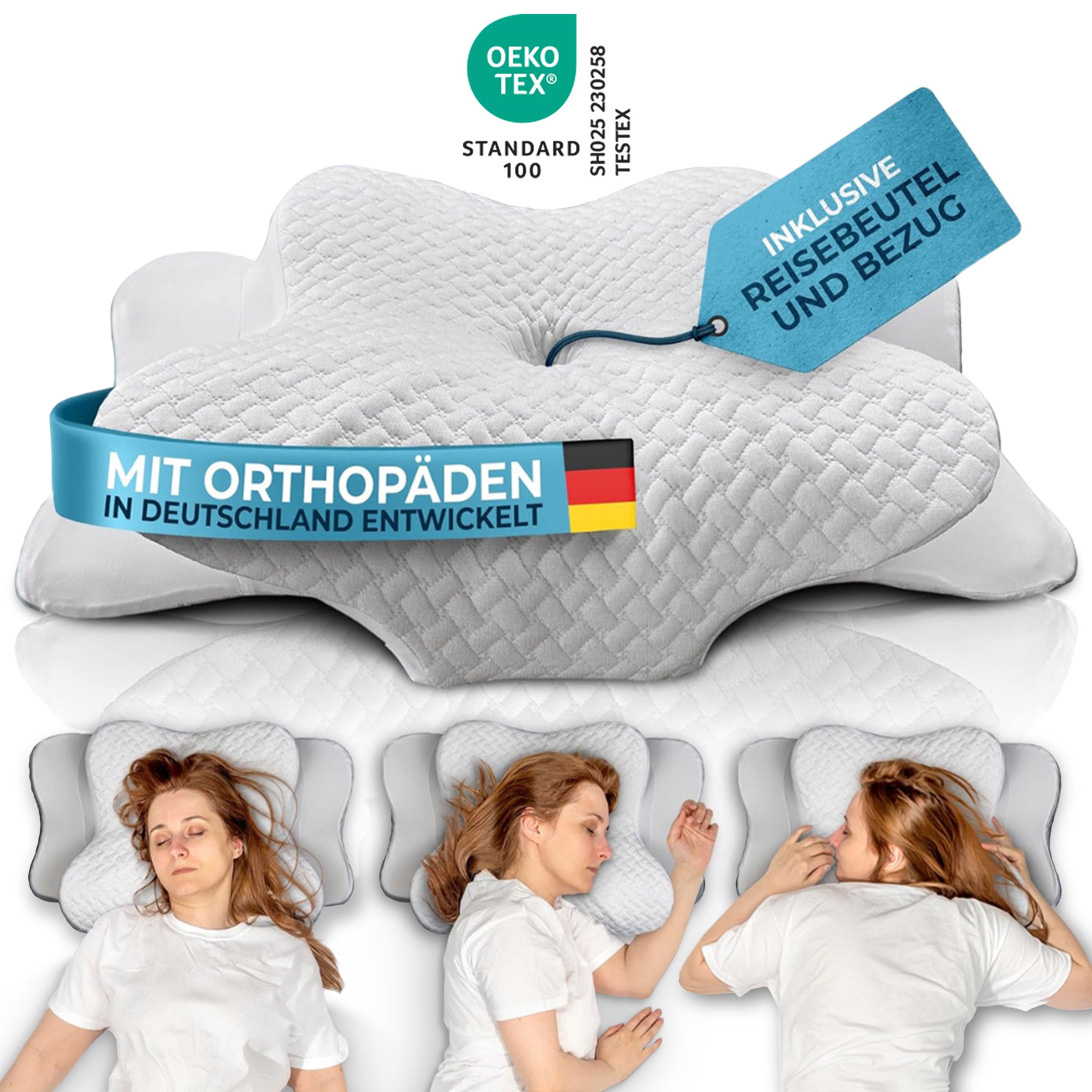 Orthopädisches Kissen mit Reisebeutel und Bezug. Mit Orthopäden entwickelt. Oeko-Tex Standard 100. Drei Personen schlafen auf Kissen.