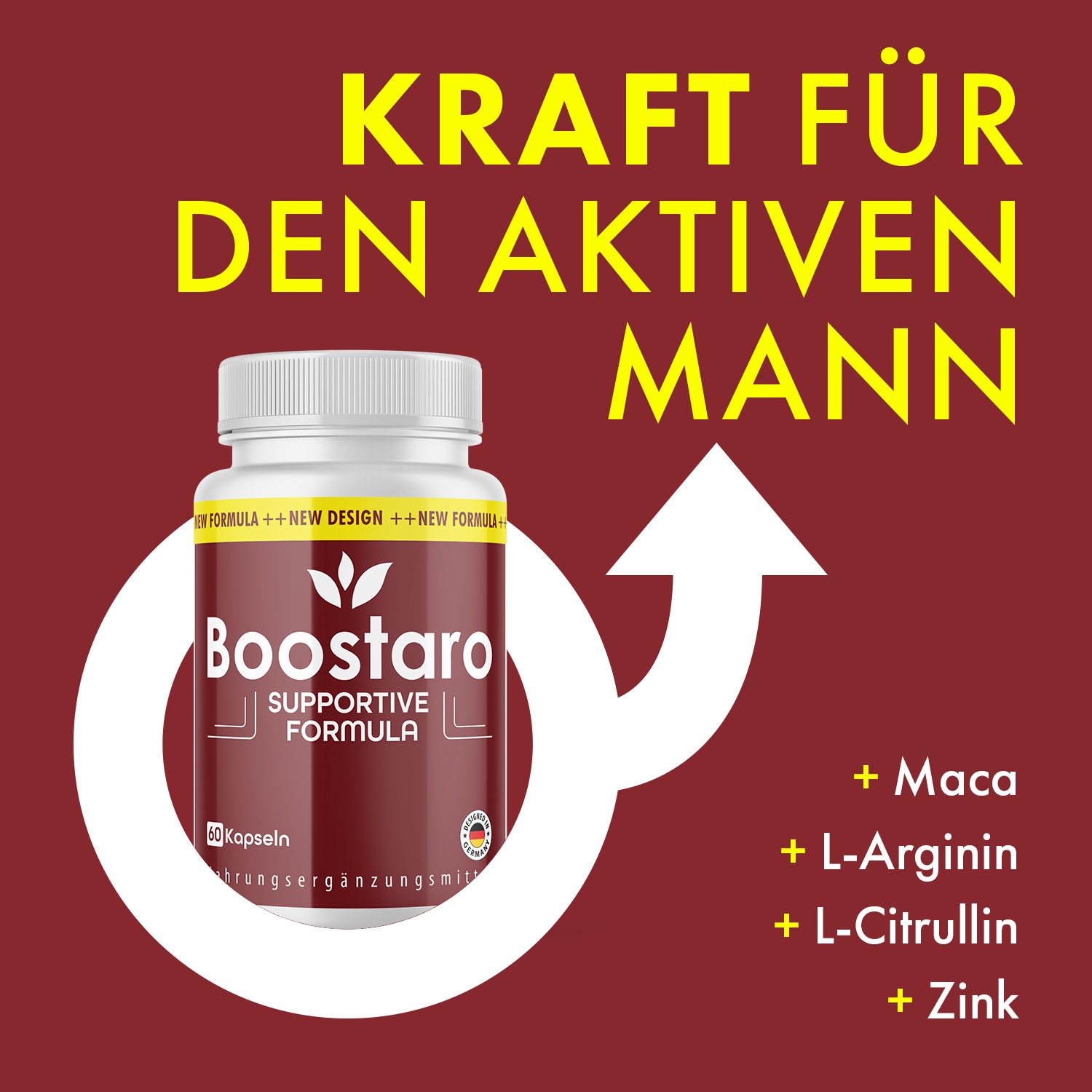 Dose Boostaro mit Inhaltsstoffen: Maca, L-Arginin, L-Citrullin, Zink. Text: Kraft für den aktiven Mann.