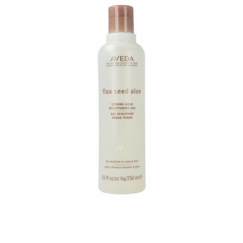 Aveda-Haargel. Flaschenförmig, weiß mit braunem Deckel. Text: "flax seed aloe", "STRONG HOLD SCULPTURING GEL".