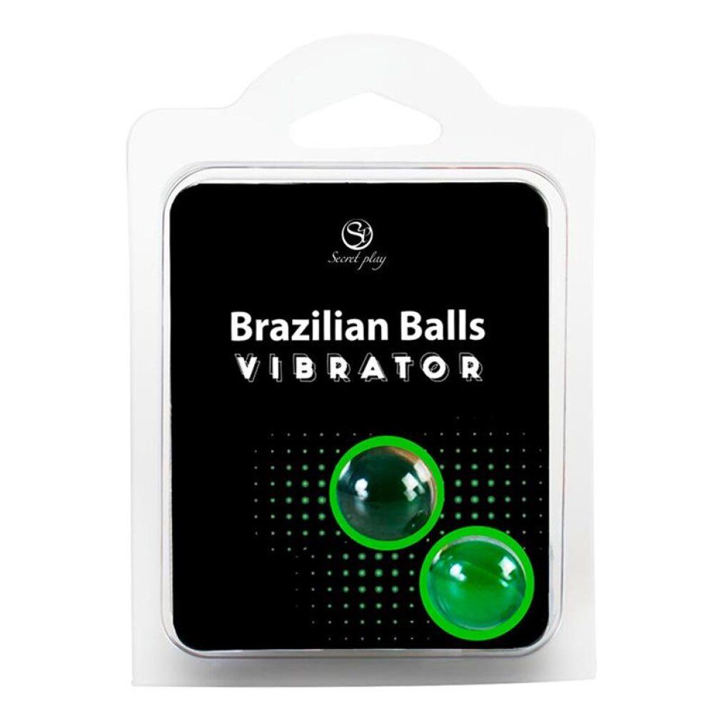 Zwei grüne Kugeln in Blisterverpackung mit Aufdruck 'Brazilian Balls VIBRATOR'.