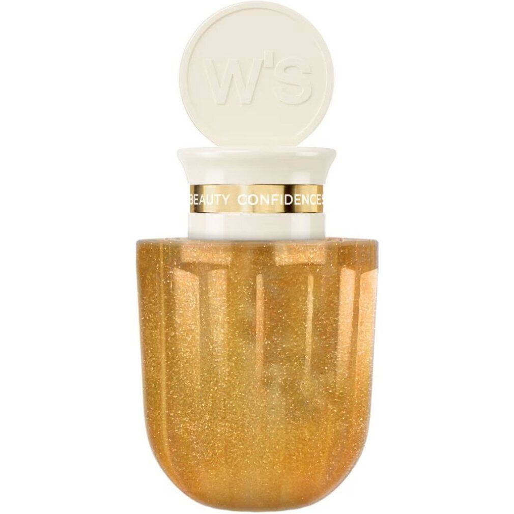 Goldfarbene Flasche mit Glitzer und weißem Aufsatz. "W's BEAUTY CONFIDENCE" ist auf dem Verschluss und dem Band zu sehen.