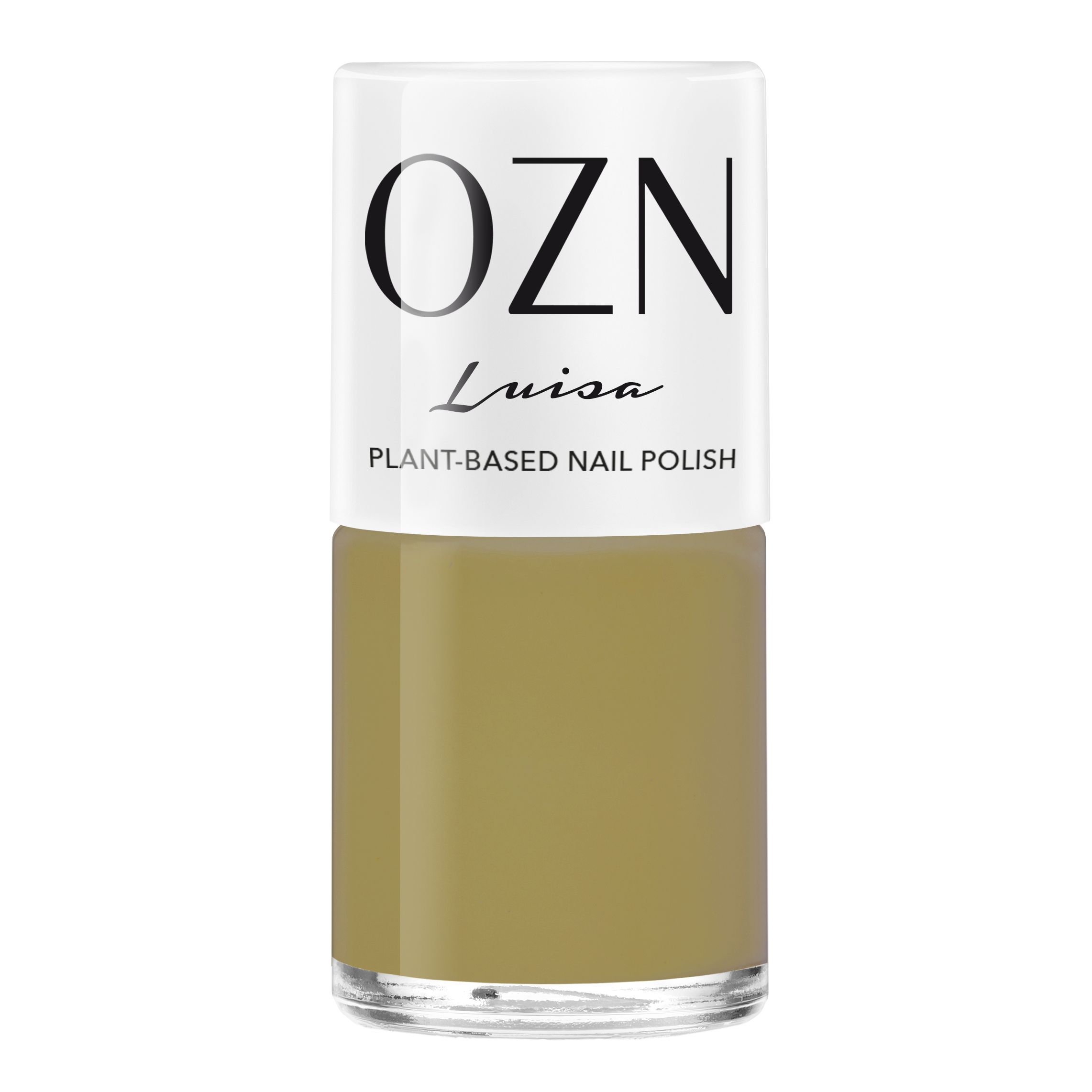 Nagellackflasche mit grün-beiger Farbe. Auf dem weißen Deckel steht "OZN Luisa". Darunter "PLANT-BASED NAIL POLISH".