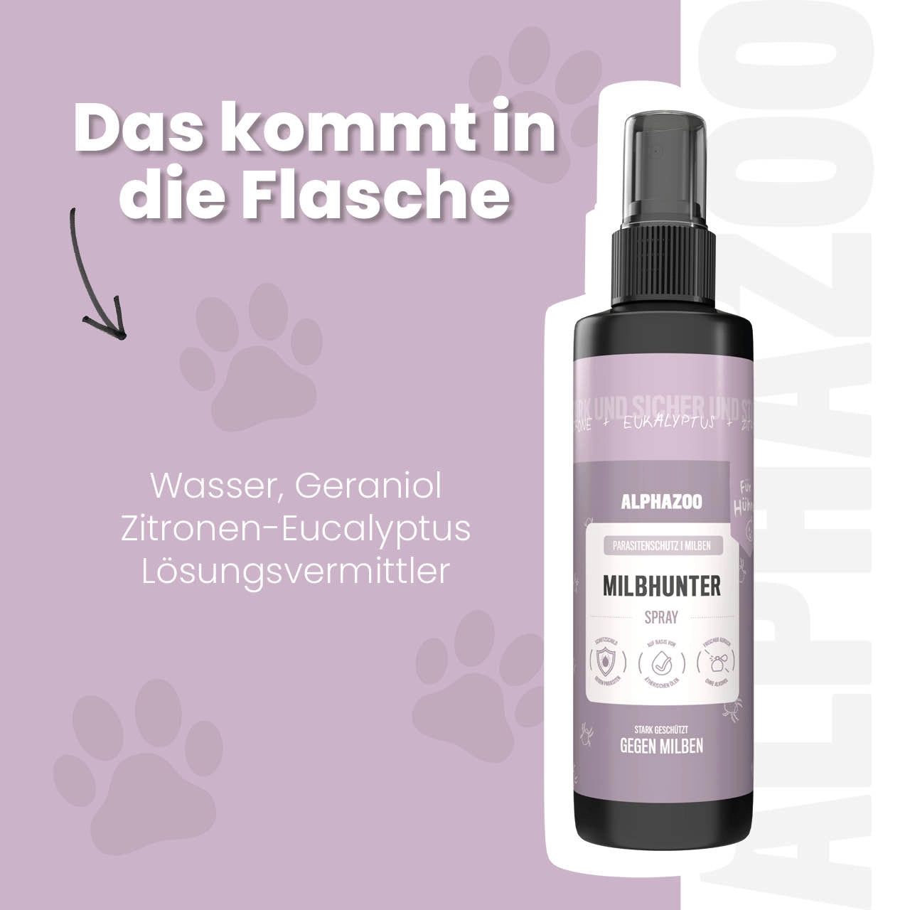 Schwarze Sprühflasche mit Produktetikett. Text: alphazoo, MILBHUNTER SPRAY. Inhaltsstoffe: Wasser, Geraniol, Zitronen-Eukalyptus, Lösungsmittel.