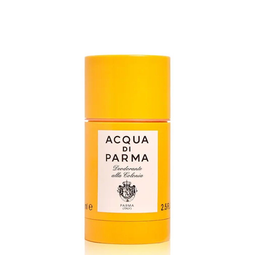 Gelber Deo-Stick mit weißem Etikett. Aufschrift: ACQUA DI PARMA, Deodorante alla Colonia. Logo und Schriftzug PARMA (ITALY).