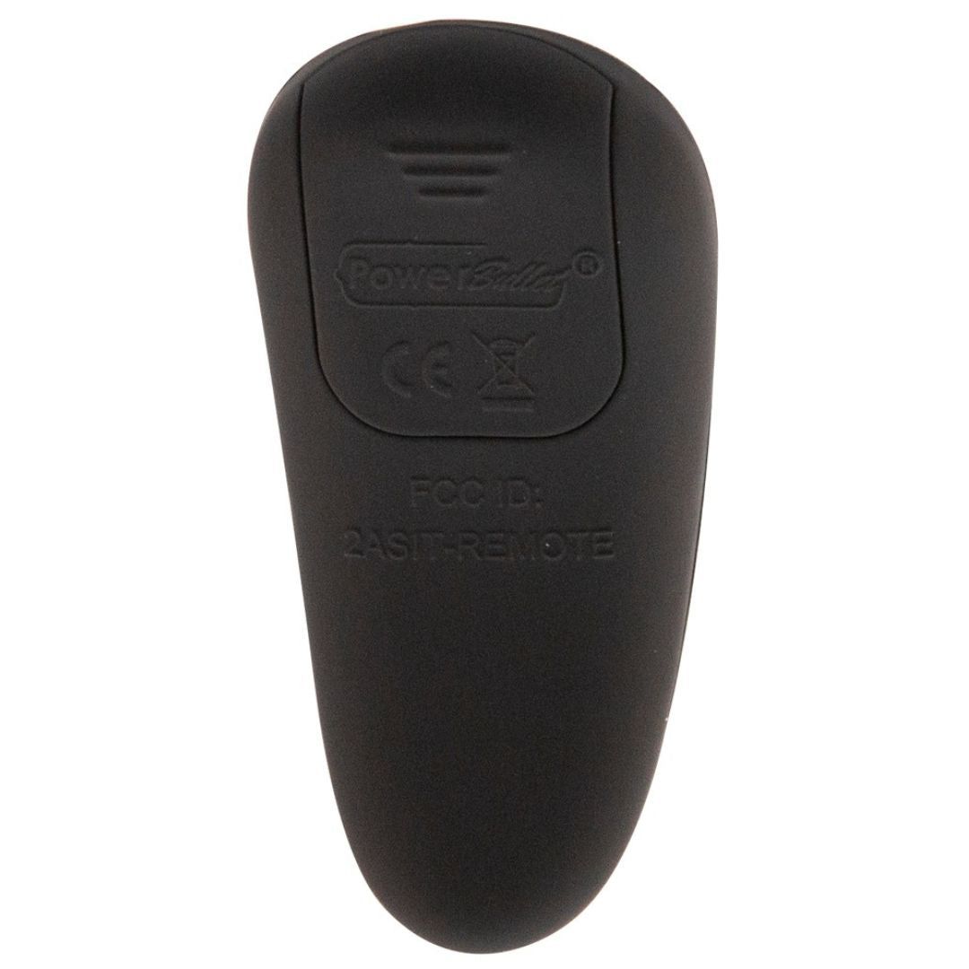 Schwarze Fernbedienung mit CE-Kennzeichnung und FCC-ID. Marke Power Bullet.