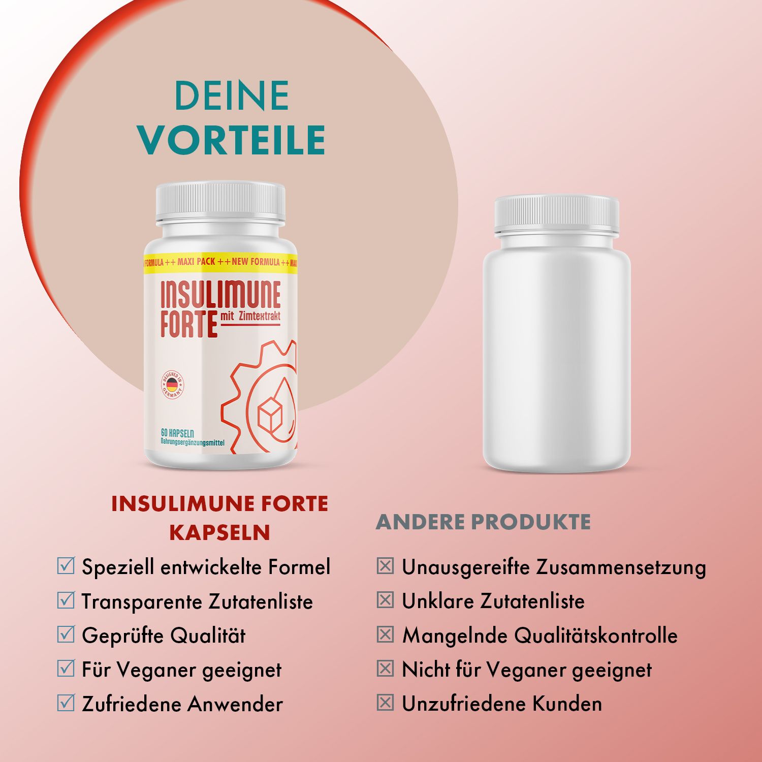Vergleich von INSULIMUNE FORTE Kapseln und anderen Produkten. INSULIMUNE FORTE: transparente Zutatenliste, geprüfte Qualität. Andere Produkte: unklare Zutatenliste.