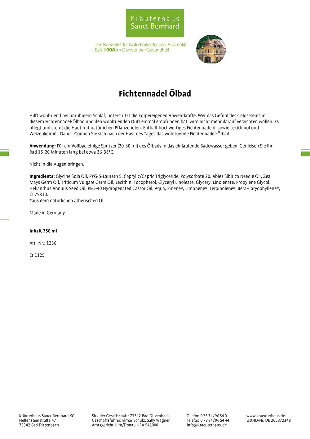Weißes Fläschchen mit Klappverschluss. Etikett mit Fichtennadel-Ölbad-Logo und Produktnamen. Marke: Sanct Bernhard.