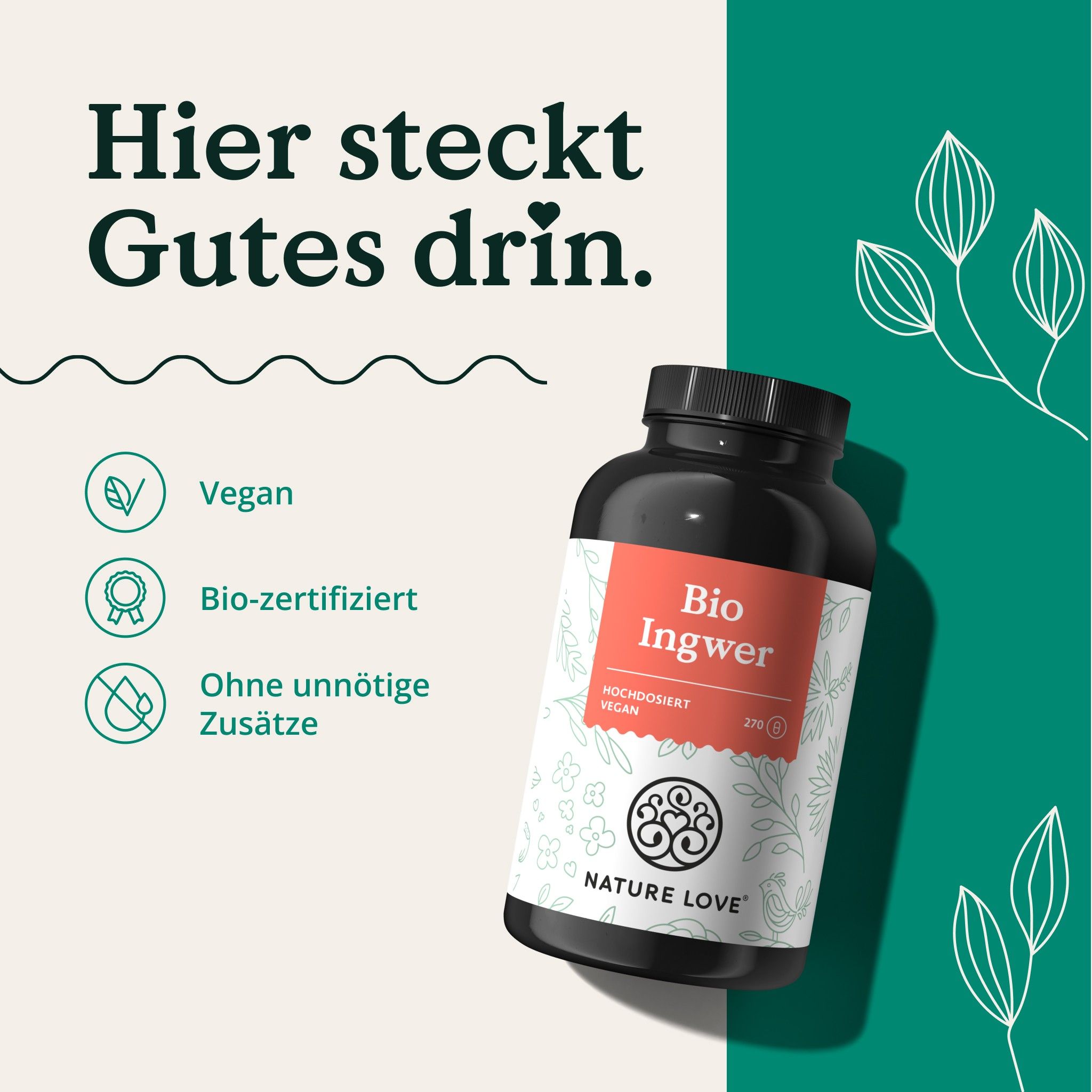 Produktflasche mit Etikett. Text: Vegan, bio-zertifiziert, ohne unnötige Zusätze. Marke: NATURE LOVE.